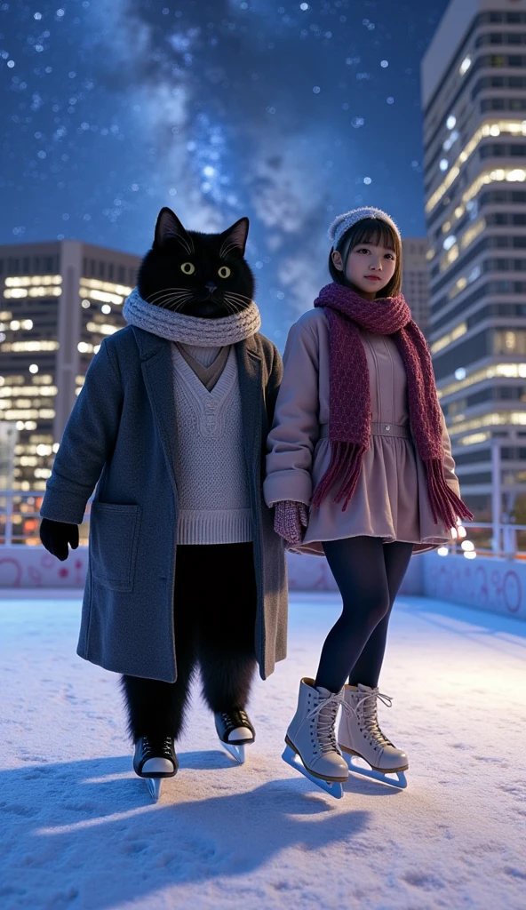 ultra-realistic, photorealistic, dramatic scene, shadow, global-illumination, solo, (teenage Japanese famous idol girl), very beautiful fragile Japanese girl, very beautiful with very cute, (very large breasts), slim waist, she is wearing\(a elegant winter jacket over a stylish pink one-piece dress, reddish brown woolen scarf, glove, short boots, dark navy tights\), (very large breasts), She is Ice skating with a human-like cute giant black cat\(ears down, as tall as she, chubby, standing like a human, gray long woolen coat over a white V-neck sweater, light purple woolen scarf\), At an outdoor skating rink on the roof of a department store, at night, professional lighting, amazing view of skyscrapers with milky way