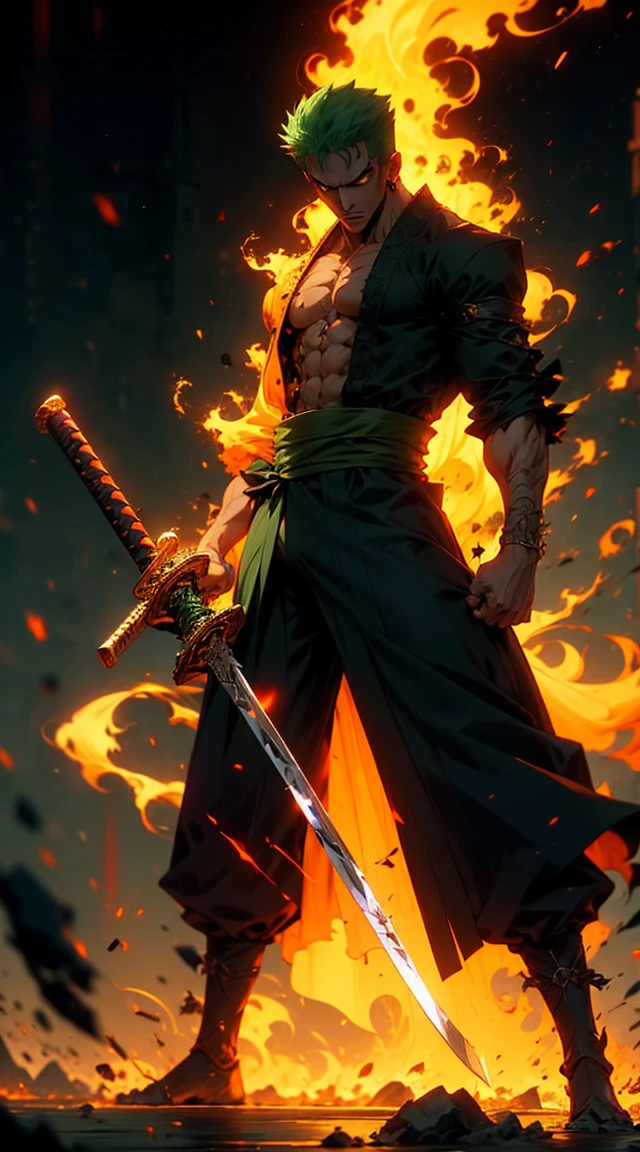 A hyper-detailed, full-body anime-style depiction of Roronoa Zoro from *One Piece*. Zoro is standing confidently, facing the viewer with a fierce expression. His green hair is slightly messy, framing his scarred face, including the iconic vertical cut over his left eye. Dressed in a dark green kimono tied with a yellow obi, his muscular build is emphasized. He bites the hilt of a katana angled to the right, with two other swords sheathed at his waist. Vibrant green and black energy auras surround him, creating a dynamic, otherworldly atmosphere against a tranquil Japanese landscape.