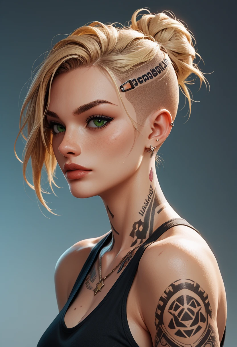 MEJack, 1girl, honey blonde hair, green eyes, messy bun hairstyle, undercut hairstyle, tattoo