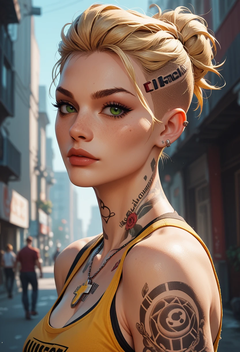 MEJack, 1girl, honey blonde hair, green eyes, messy bun hairstyle, undercut hairstyle, tattoo