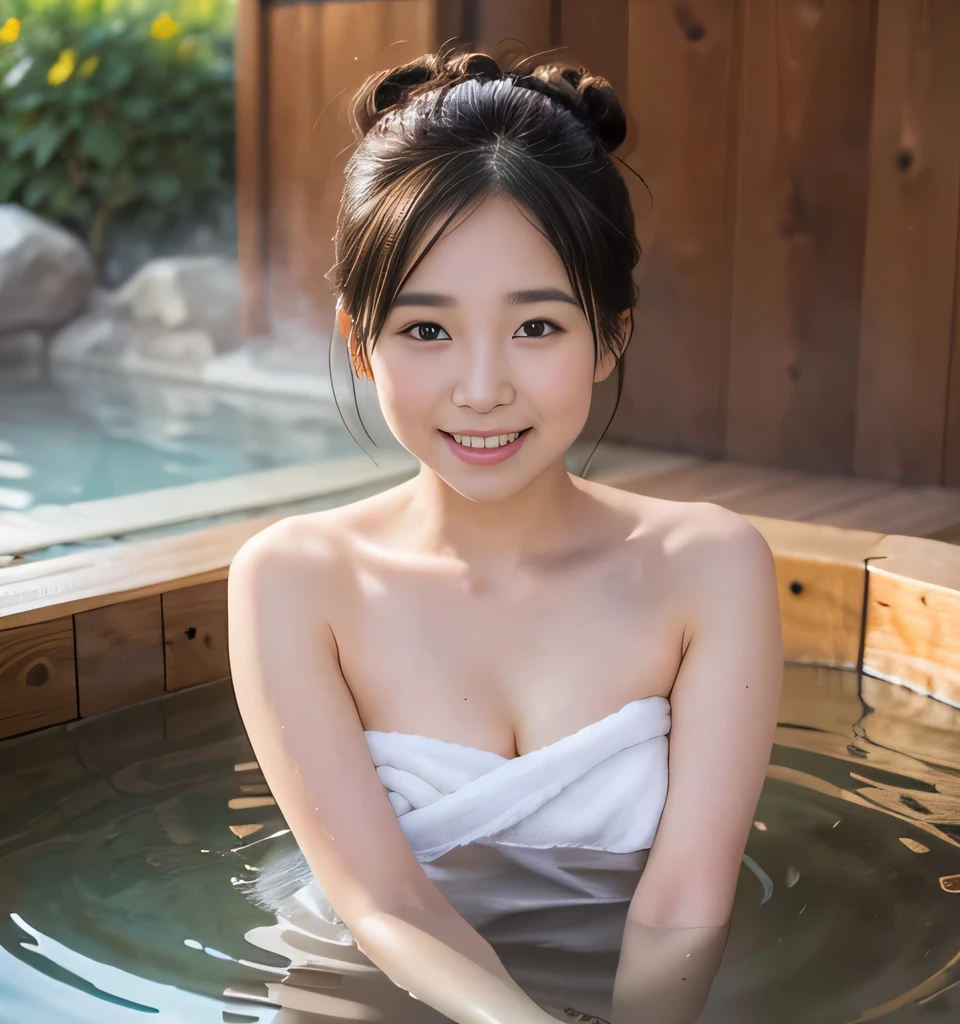  top quality、8k、 super high resolution 、masterpiece、Clear photo、  PROFESSIONAL LIGHTING TO LOOSE LEGS  、( so cute、 beautiful girl、The cutest)、baby face、 small face 、(Hair Bun)、smile、(Completely naked)、(( small breasts、 flat chested))、Ultra slim、(肩まで hot springs with my middle school daughter:1.6、(( hot springs with my middle school daughter))、) 、 Please wrap a bath towel around  、((Lots of steam)、Warm Light)