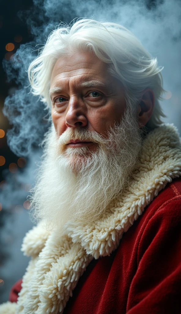 Depict a surreal and mesmerizing vision of Santa Claus, his form softly fading into light fog and mist. Santa is looking directly into the camera, his gentle eyes filled with warmth and kindness, exuding love and compassion. His flowing white beard and fur-lined red coat are partially visible, blending subtly with the background. The red of his coat is muted, accented with faint crimson tones and subtle golden highlights to enhance his presence.

The scene is surrounded by light, soft mist rather than heavy smoke, creating a serene and dreamlike atmosphere. Diffused light streams through the mist in delicate, scattered rays, adding depth and emphasizing Santa’s timeless and compassionate aura. The overall tone is peaceful yet powerful, capturing the fragile beauty of Santa as a symbol of hope, love, and enduring magic.