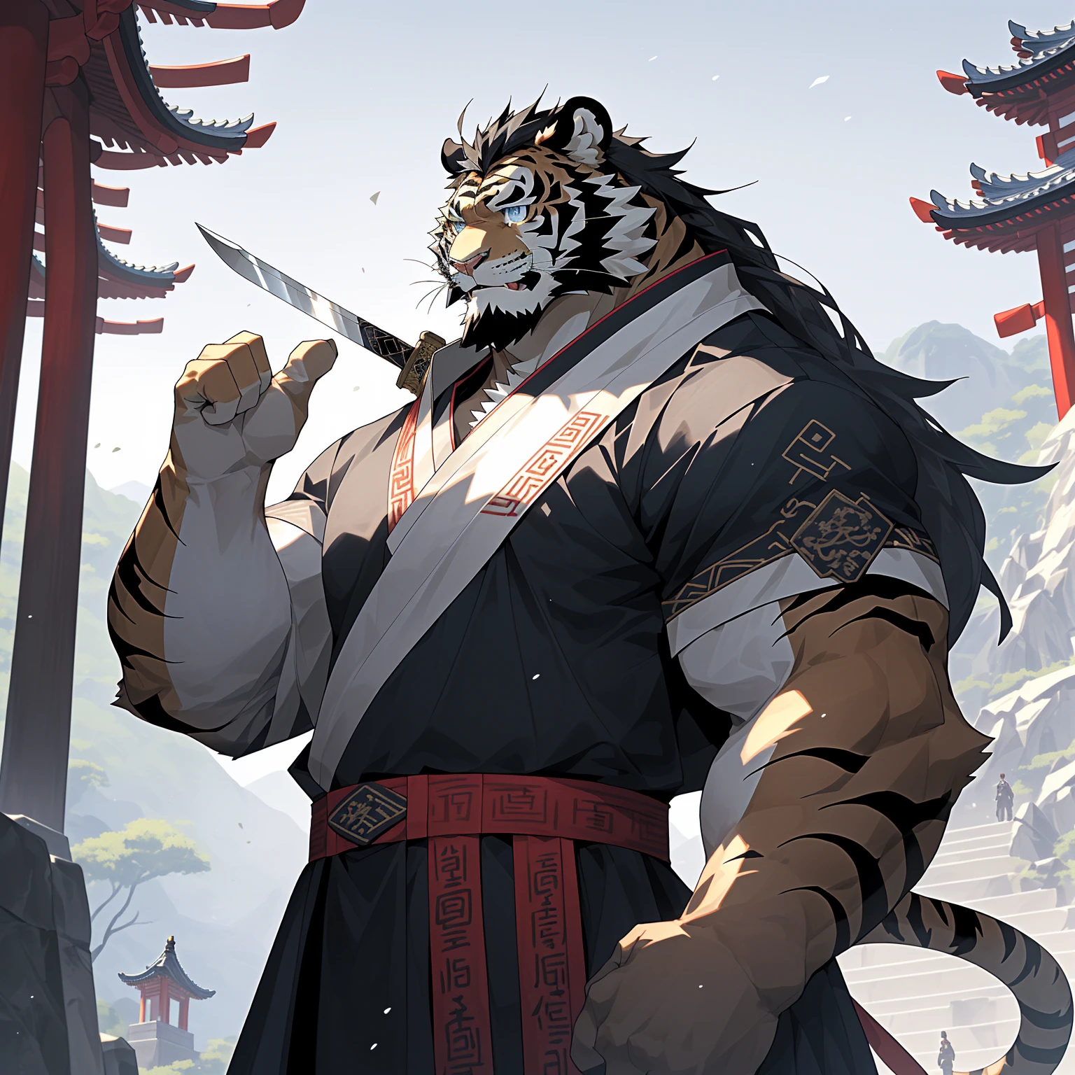 (黑色tiger),(黑色 Generally 战袍), Wearing heavy black beads on the chest, Strong Gesture ,Standing confidently and proudly ,(森林temple为背景:1.2.Great Wall),abdominal muscles,Hero Gesture 飒爽,完美的masterpiece, various facial details ,Long-term perspective,Specific description,masterpiece,CG,( light blue eyes ), Light Black Pattern ,Black Tails , Generally ,Hero Gesture ,tiger, black fur, specific facial details ,Half Body,(黑炭 Generally 战履),(Chang Ling),((middle aged)),(Face focus ),(16K), HD, Red and White Belly ,temple,beard,(Face line),Different students,(black shirt),( light black hair ),Strong,muscle,( high resolution:1.3), Chinese military general holding a long sword ， gazing into the distance ，temple和尚，Wearing black beads 