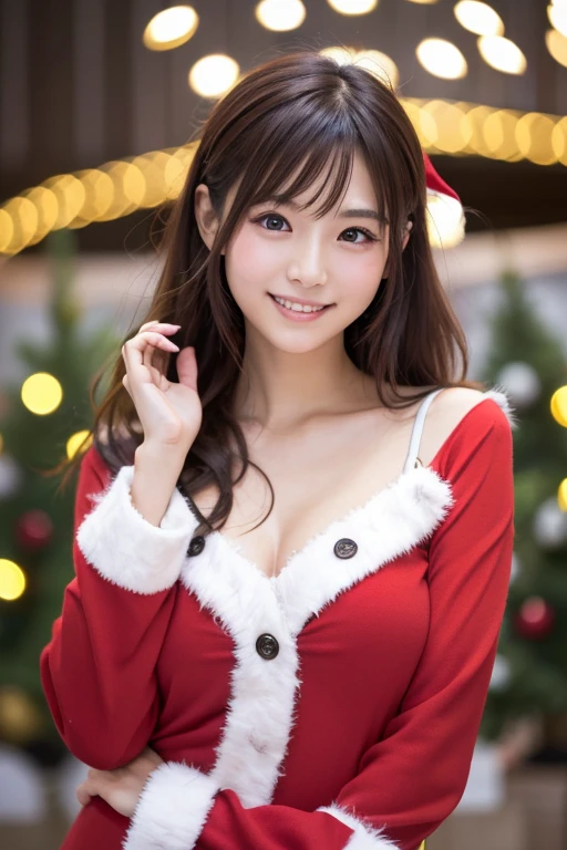 A Japanese model in a bright red Santa cosplay poses for a photo shoot、Bright red outfit、Santa Dress,  looking at camera、Detailed and beautiful eyes、 cute smile、 soft and gentle expression 、 Christmas tree in the background 