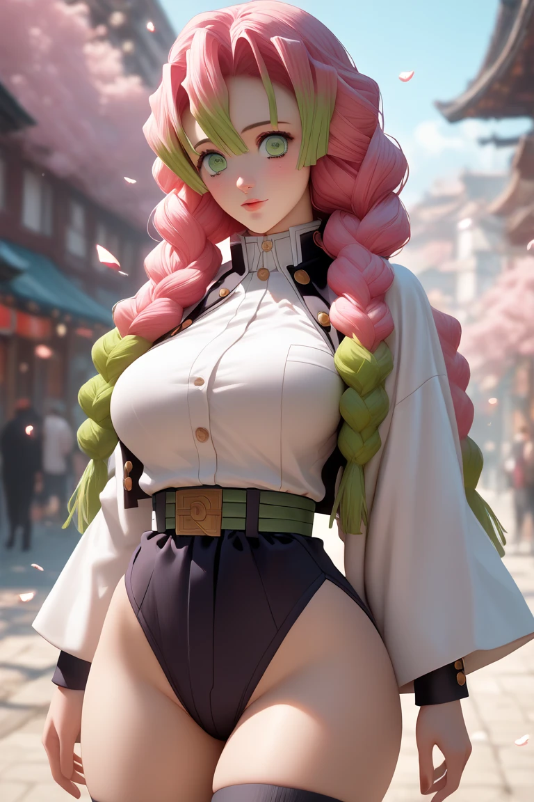 detailed face, detailed eyes, detailed skin, extremely detailed, intricate details, mitsuri kanroji, braid, zh_mushyee_normalgirl, Emmy Rossum, zh_mushyee_cosplaygirl, pale skin, tattoo, freckles, lips, gradient hair, (green eyes:1.5), green hair, long hair, mole, mole under eye, multicolored hair, pink hair, twin braids, two-tone hair, looking at viewer, solo, thin waist, slim, hourglass figure, medium breasts, belt, black skirt, cleavage, coat, demon slayer uniform, haori, japanese clothes, long sleeves, miniskirt, partially unbuttoned, pleated skirt, skirt, uniform, thighhighs (masterpiece, best quality, high resolution:1.4), (seductive pose:1.2), (dynamic angle), detailed fantasy background, fcDetailPortrait, detailed face, detailed eyes, detailed skin, extremely detailed, intricate details, casual photography, HDR, natural light, (anti-aliasing:1.2), elegant, soft scattered light, realistic proportions, limited palette, backlit, accent lighting, (neutral colors:1.3), cross process, cinematic lighting, coherent light, coherent shadows, cowboy shot,