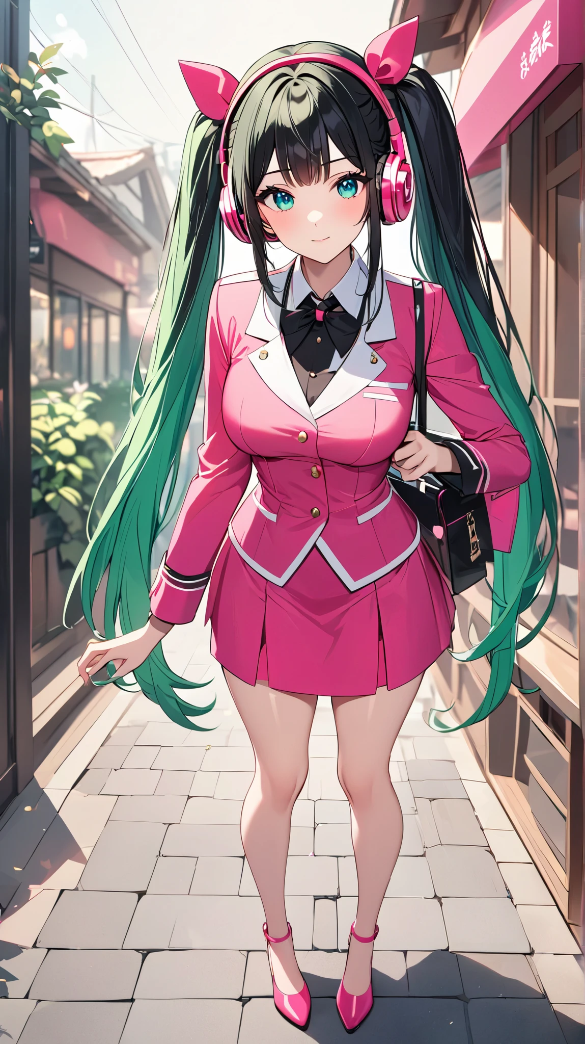 a girl from the danganronpa anime with long turquoise blue hair with green and pink streaks, pink eyes with stars,medium big tits, danganronpa academy uniform , piercings, thick red lips,
