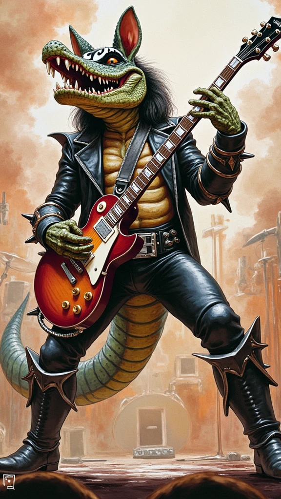  By the artist Beatrix Potter wearing a crocodile with an anthropomorphic body,  dressed as a member of the band  "kiss" ( KISS COSTUME ),  playing electric guitar . Rock music, Metal Music . ( full body)