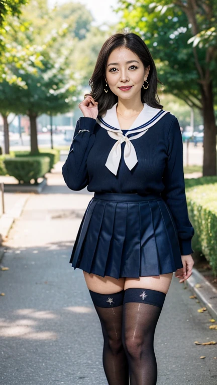 full body shot, from below,  Japanese woman with a viewing angle of, Wife, (78 years old:1.6),  detailed face , Facial wrinkles, Wrinkles around the eyes, smile,  detailed skin texture,  white skin,  heavy makeup ,  long hair, (curvy body, saggy breasts), (earrings,  necklace, school uniform, sailor uniform, sailor collar, sailor collar ribbon,  navy blue pleated mini skirt:1.2), (black thighhighs,  wearing high heels:1.2), ( standing in the park,  photograph the whole body from toe to head:1.2), (surrealism, best quality, ultra detailed, absolutely resolution, 8k, anatomically correct), depth of field, looking at viewer, tachi-e, (gal.safetensors), (bimajo ), full body