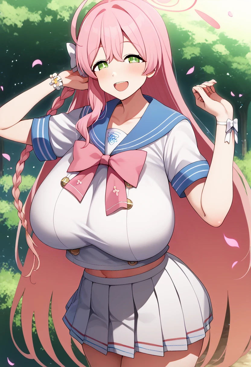 score_9, score_8_up, score_7_up, score_6_up, score_5_up, score_4_up,  source_Anime, Ahanako  ,  pink hair , halo, ,  single blade  ,  hair bow,  green eyes, Big Breasts,  school uniform,  blue sailor color,  pink ribbon,  sailor shirt,  white shirt, Short sleeve,  wristbands,  pleated skirt  , White Skirt, teeth、 big sexy silicone big  、My chest is different  ,  Cowboy Shot  , reach ,  outdoor, Park,  petals, smile,  open mouth,、 zzz c up , Exploding chest,特大の Big Breasts,Big Breasts, Big Breasts,超Big Breasts, supermilk ,big Breasts,big Breasts,Big Breasts,Big big breasts,bigger breasts,big,セクシーな大きなシリコンの Big Breasts,セクシーなビッグサイズのシリコン製Big Breasts, saggy breasts,((垂れ下がった Big Breasts)),((重く垂れた Big Breasts:1.5))、Obscene body,Fat ,,  Erotic Manga Style Body  、  mature body steam  、 Sir's huge  、 Sir's huge  、 Too exaggerated  、 extra large、 over covered ,  hidden chest erection  、  abs