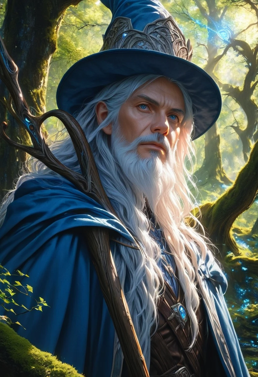 PetrPavel as a Wizard, in a wood, gandalf cosplay, blue cape, blue hat, detailed face, long white beard, holding staff, mystical atmosphere, ambient lighting, vibrant colors, fantasy landscape, detailed foliage, moss-covered trees, sunbeams, (best quality,4k,8k,highres,masterpiece:1.2),ultra-detailed,(realistic,photorealistic,photo-realistic:1.37)