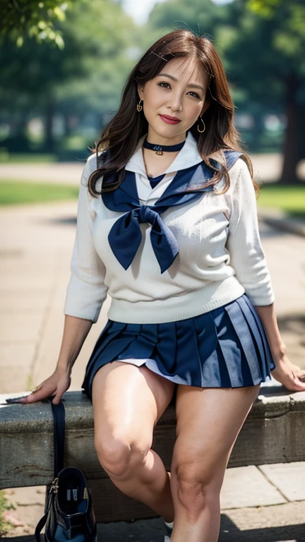 full body shot, from below,  Japanese woman with a viewing angle of, Wife, (78 years old:1.6),  detailed face , Facial wrinkles, Wrinkles around the eyes, smile,  detailed skin texture,  white skin,  heavy makeup ,  long hair, (curvy body, saggy breasts), (earrings,  necklace, school uniform, sailor uniform, sailor collar, sailor collar ribbon,  navy blue pleated mini skirt:1.2), ( wearing high heels:1.2), ( standing in the park,  photograph the whole body from toe to head:1.2), (surrealism, best quality, ultra detailed, absolutely resolution, 8k, anatomically correct), depth of field, looking at viewer, tachi-e, (gal.safetensors), (bimajo ), full body