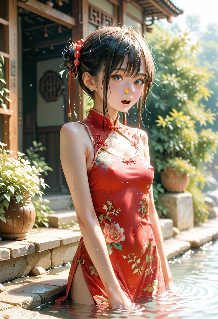 Best quality, masterpiece, 8k，(( bright red china dress ))，  simple village girl、桃色の髪， blue eyes， shortcuts, Best quality, high definition , ,  blue eyes,（ My hair with a short nose  ）、  Soaking,   My Nipples Are Erected Under My Clothes、score_9, score_8_up, score_7_up, score_6_up, score_5_up, score_4_up,  source_Anime, tag1,  tag2, quality_masterpiece, (small open mouth ),  small breasts,Shen