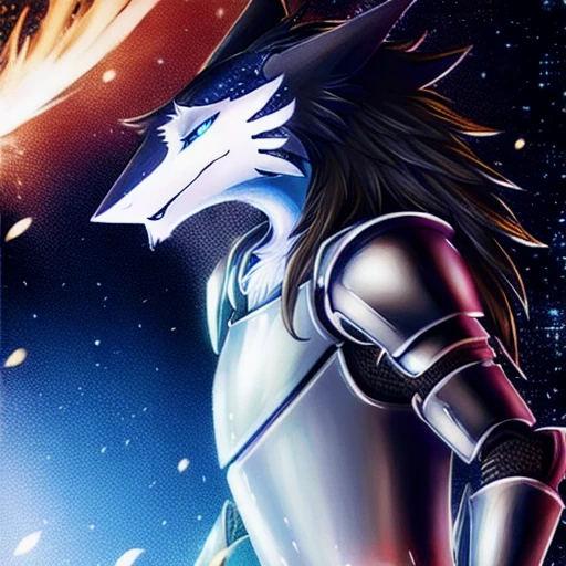 anthro male sergal with black fur is a holy knight, wearing shining white and gold armor. The background is galactic themed and has a mix luminous and radiance lighting.