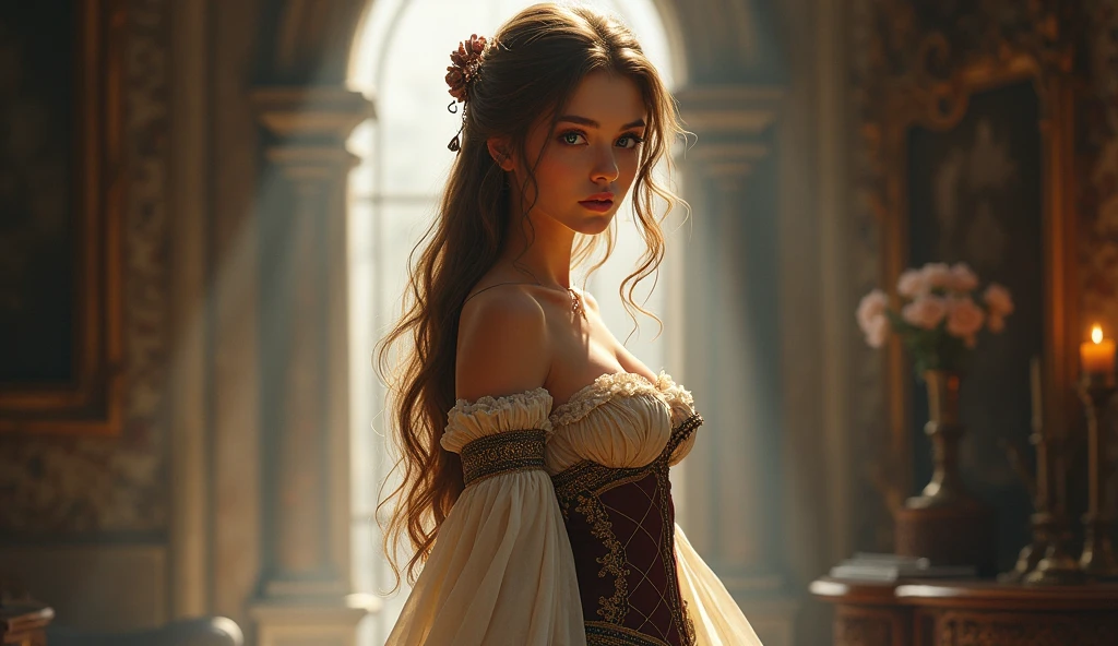 portrait Camila Cabello, wearing tulip costume, against the background of the window, character portrait, 9 3 9 0 s, curly hair, intricate, elegant, highly detailed, digital painting, artstation, concept art, smooth, sharp focus, illustration, art by wlop, charlie bowater and alexandra fomina, 36k, glittering, shining, correct anatomy