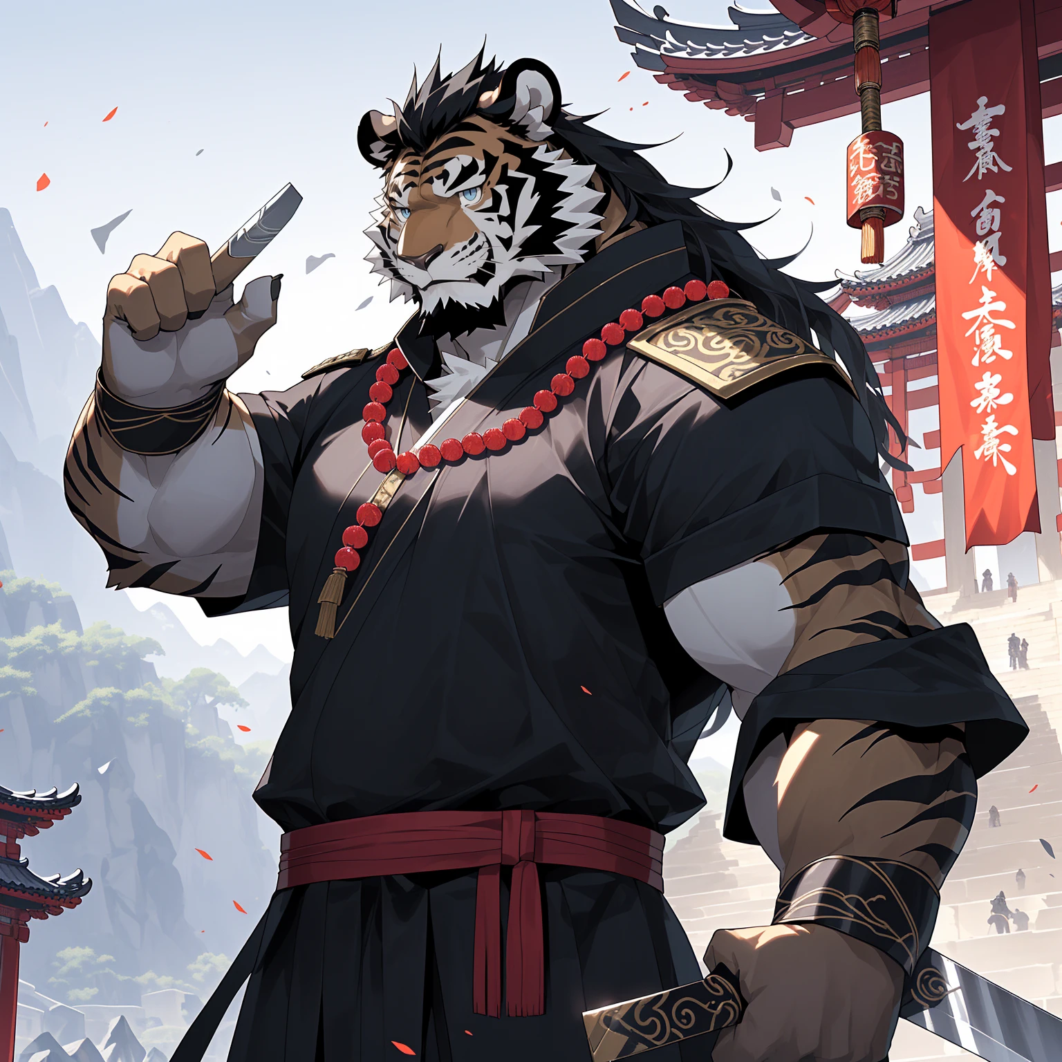 (黑色tiger),(黑色 Generally 战袍), Wearing heavy black beads on the chest, Strong Gesture ,Standing confidently and proudly ,(森林temple为背景:1.2.Great Wall),abdominal muscles,Hero Gesture 飒爽,完美的masterpiece, various facial details ,Long-term perspective,Specific description,masterpiece,CG,( light blue eyes ), Light Black Pattern ,Black Tails , Generally ,Hero Gesture ,tiger, black fur, specific facial details ,Half Body,(黑炭 Generally 战履),(Chang Ling),((middle aged)),(Face focus ),(16K), HD, Red and White Belly ,temple,beard,(Face line),Different students,(black shirt),( light black hair ),Strong,muscle,( high resolution:1.3), Chinese military general holding a long sword ， gazing into the distance ，temple和尚，Wearing black beads 