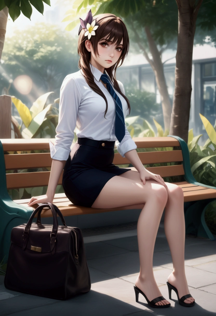 young woman, {Tachibana Marika, brown eyes, hair ornament, hair flower, brown hair, wavy hair, short hair with long locks, half up half down, bangs}, sitting, waiting a bus, green bus stop, surrounded by banana tree field, {she is wearing navy-blue long sleeves blazer, pastel-pink collared undershirt, navy-blue necktie, dark navy-blue pencil mini skirt, black female sandals, black bag}, BREAK, (1girl, solo, full body), (best quality,4k,8k,highres,masterpiece:1.2),ultra-detailed,(realistic,photo-realistic:1.37),cinematic lighting,moody lighting,dramatic shadows,vibrant colors, (expressive eyes, perfect face, perfect anatomy), brighter lighting