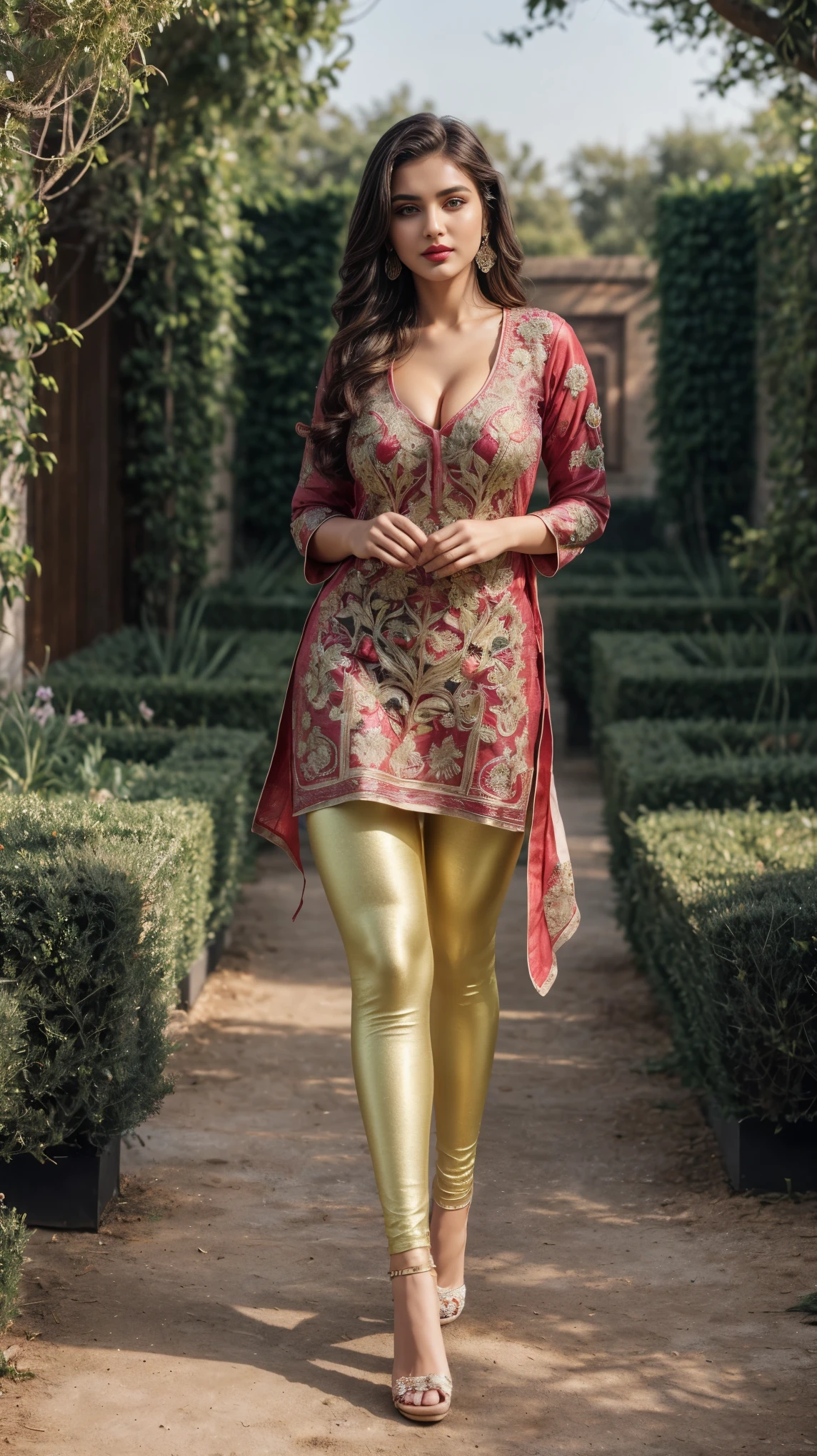 (full body shot:1.5), (Masterpiece:1.1), (stylish modern girl), (stylish girl in Indian outfits), (walking in a garden, beautiful garden), 1girl, solo girl, 20 year old girl, ultra realistic face, hyperrealistic, hyperdetailed, (looking at viewers), sharpen, detailed face, detailed eyes, detailed lips, red lips, beautiful face, 16k, FHD, raw photo, pretty face mesh, beautiful hair style, intricate, extremely detailed, (colossal , perky breast, perky breasts, perfect rounded breasts), ultra realistic texture, smooth skin, realistic face, glow lip, glow face, very_high_resolution, natural lighting, natural brightness, perfect figure, fit body, (fancy high heel), hair ornaments, ((attractive embroidery Tight kurta, deep neck, cleavage, sexy kurta, fancy attractive kurta, fancy tight leggings)),