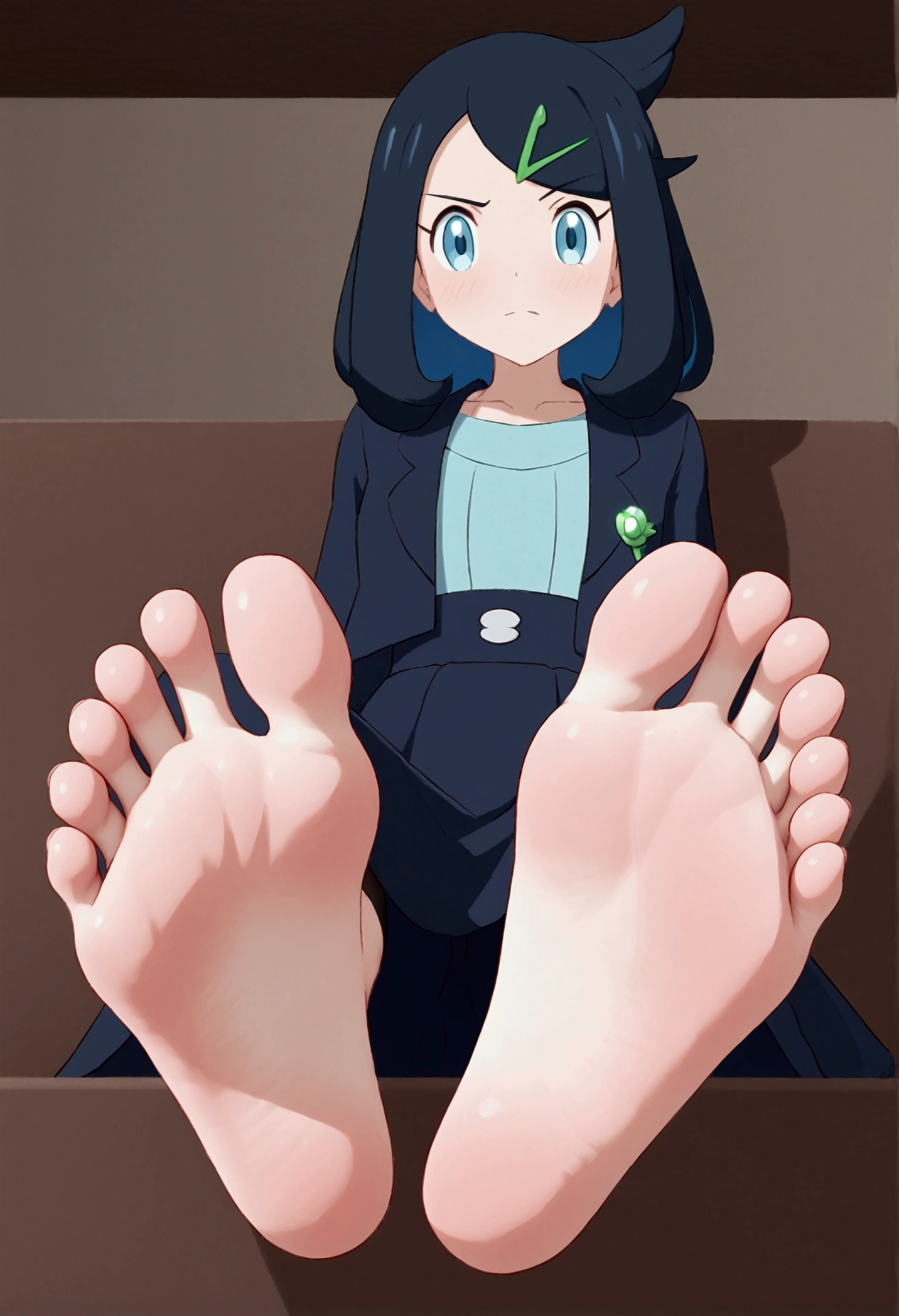 score_9,score_8_up,score_7_up,score_6_up,score_5_up, Solitary,Looking at the audience, indoors,barefoot,Foot Focus,hypno feet, the girl is getting by me with to make her show me her soles of feet, forced,foot fetish, sole fetish, submissive, foot focus, sole, no shoes, dry feet, 3D rendering style, expressive and frustrated, dynamic, each foot has only 5 toes, I hold which moves like a the girl against her will, I force the girl to let me worship her soles, the girl's Body moves against her will, the girl's body obeys me against her will, from left to right, the girl must look , perfect feet, yellow soles, immaculate soles, lineless art but clear distinction between body parts, POV, I hold forced to show peace signs with both hands, high arched feet, I can't be seen in the view, there is only one, the girl is liko (pokemon horizons: the series),soles,feet, penis cum