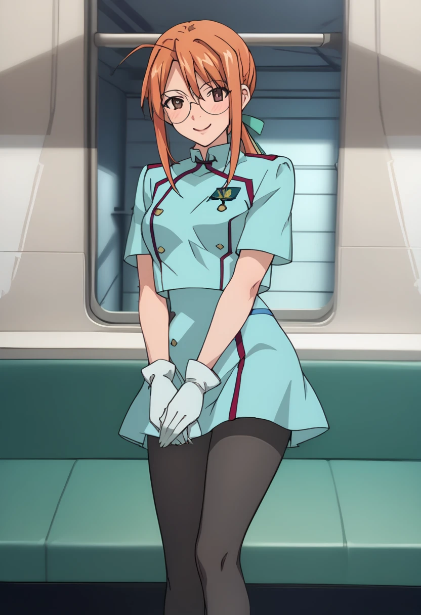 score_9、score_8_up、score_7_up、Chisame 、 、 orange hair、 dark eyes、、Round Glasses、 long hair on background、, uniform, dress, blue jacket , cropped jacket,  white gloves,  tight skirt that sits at the crotch, blue skirt,black pantyhose in-flight、Passageway inside an airplane、smile、 flight attendants、blush