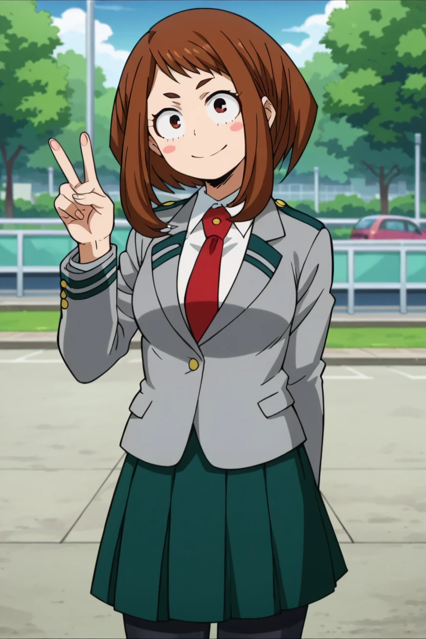 score_9, score_8_up, score_7_up, score_6_up, score_5_up,score_4_up BREAK official style, anime screencap, uraraka ochako, 1girl, brown hair, brown eyes, solo, u.a. school uniform, green pleated skirt, black pantyhose, red necktie, grey blazer, white collared shirt, epaulettes, brown shoes, closed mouth, contrapposto, medium breasts, arm behind back, peace sign, smile, blush stickers, looking at viewer, city, sidewalk, tree, head tilt,(from side:0.8),   