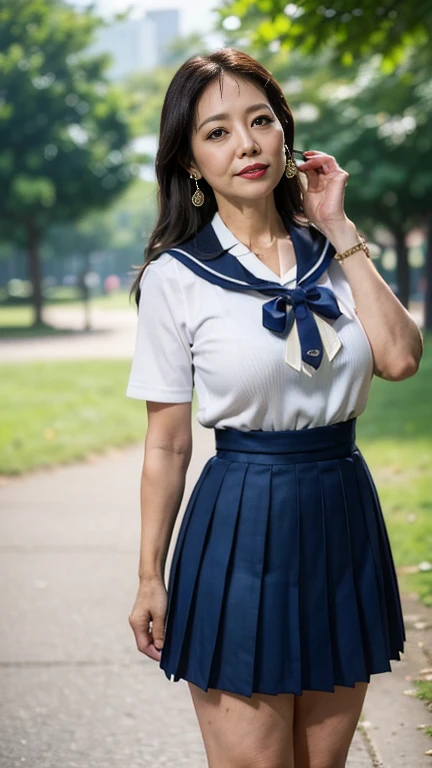 full body shot, from below,  Japanese woman with a viewing angle of, Wife, (78 years old:1.6),  detailed face , Facial wrinkles, Wrinkles around the eyes, smile,  detailed skin texture,  white skin,  heavy makeup ,  long hair, (curvy body, saggy breasts), (earrings,  necklace, school uniform, sailor uniform, sailor collar, sailor collar ribbon,  navy blue pleated mini skirt:1.2), ( wearing high heels:1.2), ( standing in the park,  photograph the whole body from toe to head:1.2), (surrealism, best quality, ultra detailed, absolutely resolution, 8k, anatomically correct), depth of field, looking at viewer, tachi-e, (gal.safetensors), (bimajo ), full body
