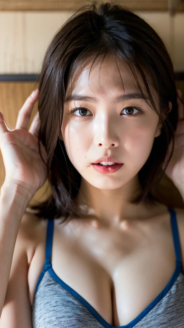 ( top quality,   Masterpiece :1.2),  super high resolution 、 perfect face、1 person、Colまたはful patterned lingerie,、Big Breasts,  very detailed bust,  realistic ,、bangs、 long hair、Nogizaka idol、(Calvin Klein sports bra:1.2)、 I can clearly see the shape of the chest、 complicated, Soft light、Chinese pattern room 、 hand restrained position behind head:1.2,  put your hands behind your head  :1.2, Hands are tied ,A room with dim lighting 、  dynamic pose ,  dynamic angle , (Blush 1.5), (Angry face:1.5)、  wide open mouth、（  in a dim Chinese hotel room :1.2)、(bedroom:1.2),(( Woman knocked over by bed 、 Man standing in front of woman 、  thick bristled man's arm  、  sweaty 、Kabedon 、1 male、 1 female ))　、 angle seen directly above 、  chest in the background、Expressions of fear,1 personの女の子と1 personの男の子, (Kabedon pov:1.5)、With your left hand、lhand 