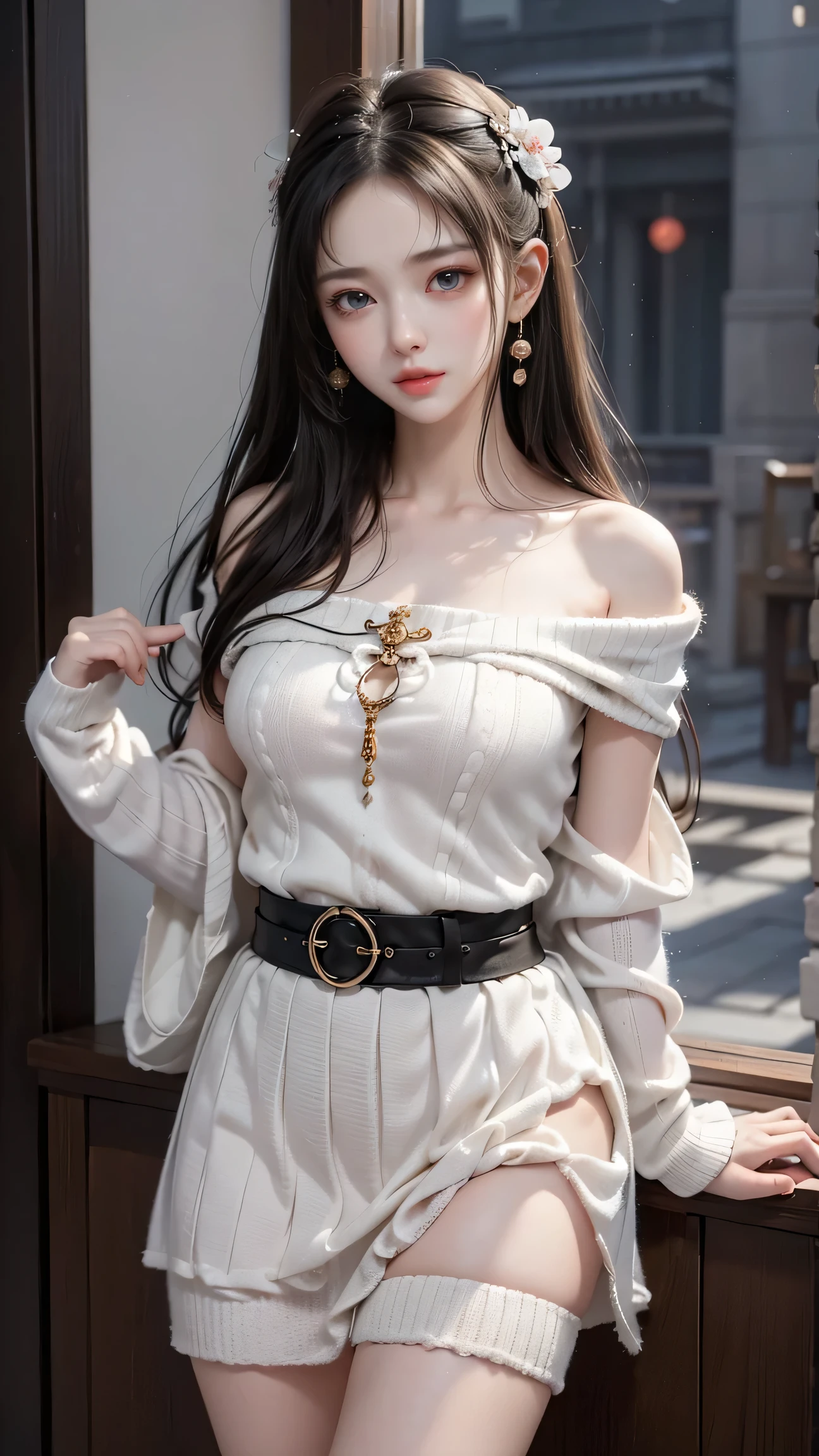 8k、 RAW photos 、 top quality、 top quality、masterpiece:1.2)、( real、 photorealistic:1.37)、 very detailed、 super high resolution、 one girl、beautiful exquisite face、smile、narrow、(( off-shoulder white hand knitted sweater showing the lower part of the chest、 sleeveless))、(( translucent black miniskirt ))、( Thin Waist:1.3)、beautiful、 、 skin texture、Floating hair 、  professional lighting、(8k、  RAW photos 、 top quality、masterpiece:1. 2)、( real、 real:1. 37)、  very detailed、  super high resolution、 1 Girl、 Viewers、 beautiful て濃い顔、daughter、Small waist、(Small waist):1.2、( beautiful て濃い顔、daughter、Small waist):1.3、( beautiful て濃い顔、daughter、Small waist):1.4。3)、beautiful 、 skin texture、Protruding fur 、 professional lighting、human body、中華料理店で Wakino を上げる、 Wakino を見せて,((underboob))、 laughs、 Raise Your Side at a Chinese Restaurant 、 Beautiful lighting from the front 、 from the front、 Wakino 、 raise your arms、hara 、 Wakino 、Show your side、(( lower chest are visible )) sleeveless、upper armを見せる、upper arm、 raise your hand、両 raise your arms