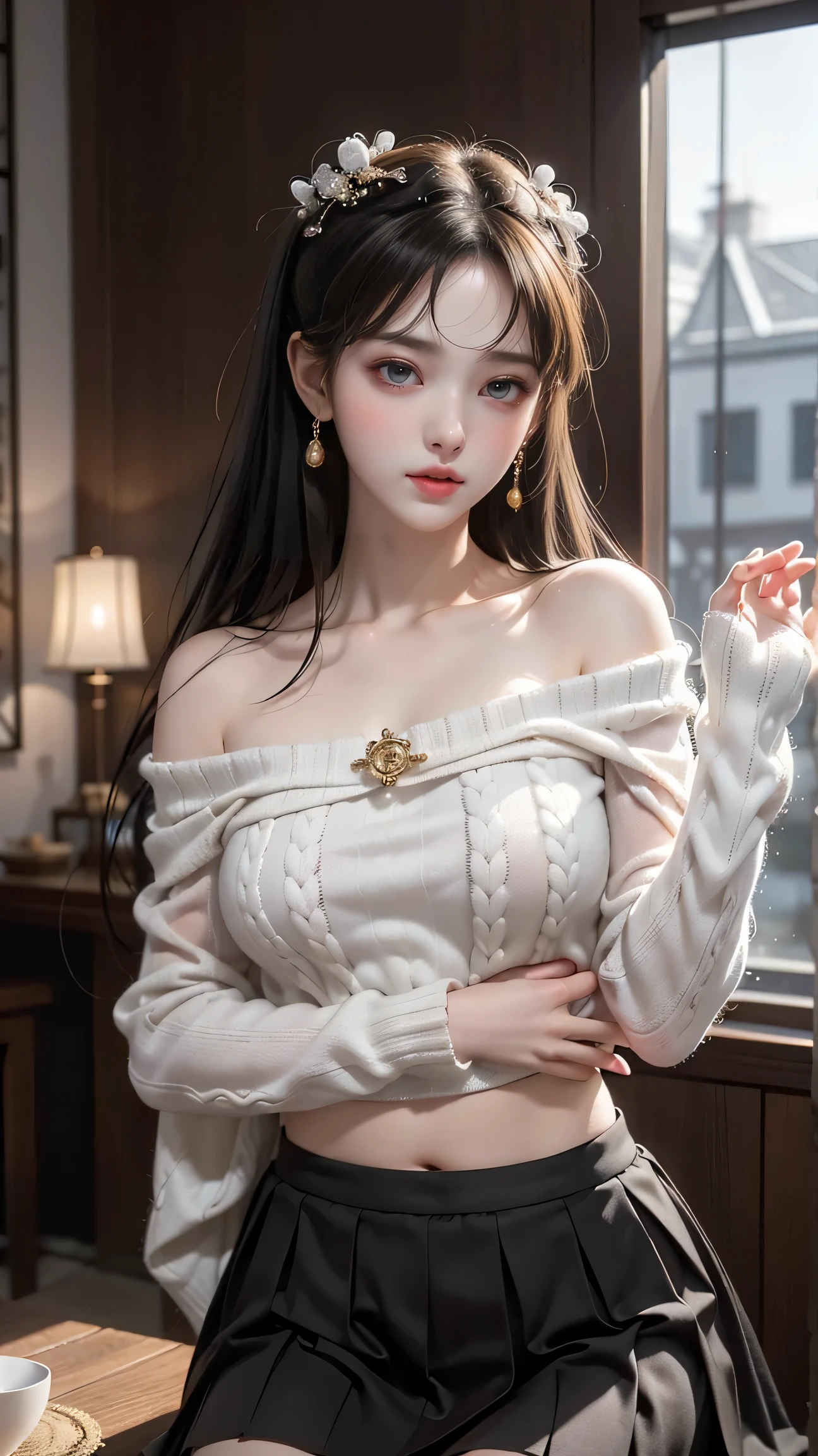 8k、 RAW photos 、 top quality、 top quality、masterpiece:1.2)、( real、 photorealistic:1.37)、 very detailed、 super high resolution、 one girl、beautiful exquisite face、smile、narrow、(( off-shoulder white hand knitted sweater showing the lower part of the chest、 sleeveless))、(( translucent black miniskirt ))、( Thin Waist:1.3)、beautiful、 、 skin texture、Floating hair 、  professional lighting、(8k、  RAW photos 、 top quality、masterpiece:1. 2)、( real、 real:1. 37)、  very detailed、  super high resolution、 1 Girl、 Viewers、 beautiful て濃い顔、daughter、Small waist、(Small waist):1.2、( beautiful て濃い顔、daughter、Small waist):1.3、( beautiful て濃い顔、daughter、Small waist):1.4。3)、beautiful 、 skin texture、Protruding fur 、 professional lighting、human body、中華料理店で Wakino を上げる、 Wakino を見せて,((underboob))、 laughs、 Raise Your Side at a Chinese Restaurant 、 Beautiful lighting from the front 、 from the front、 Wakino 、 raise your arms、hara 、 Wakino 、Show your side、(( lower chest are visible )) sleeveless、upper armを見せる、upper arm、 raise your hand、両 raise your arms