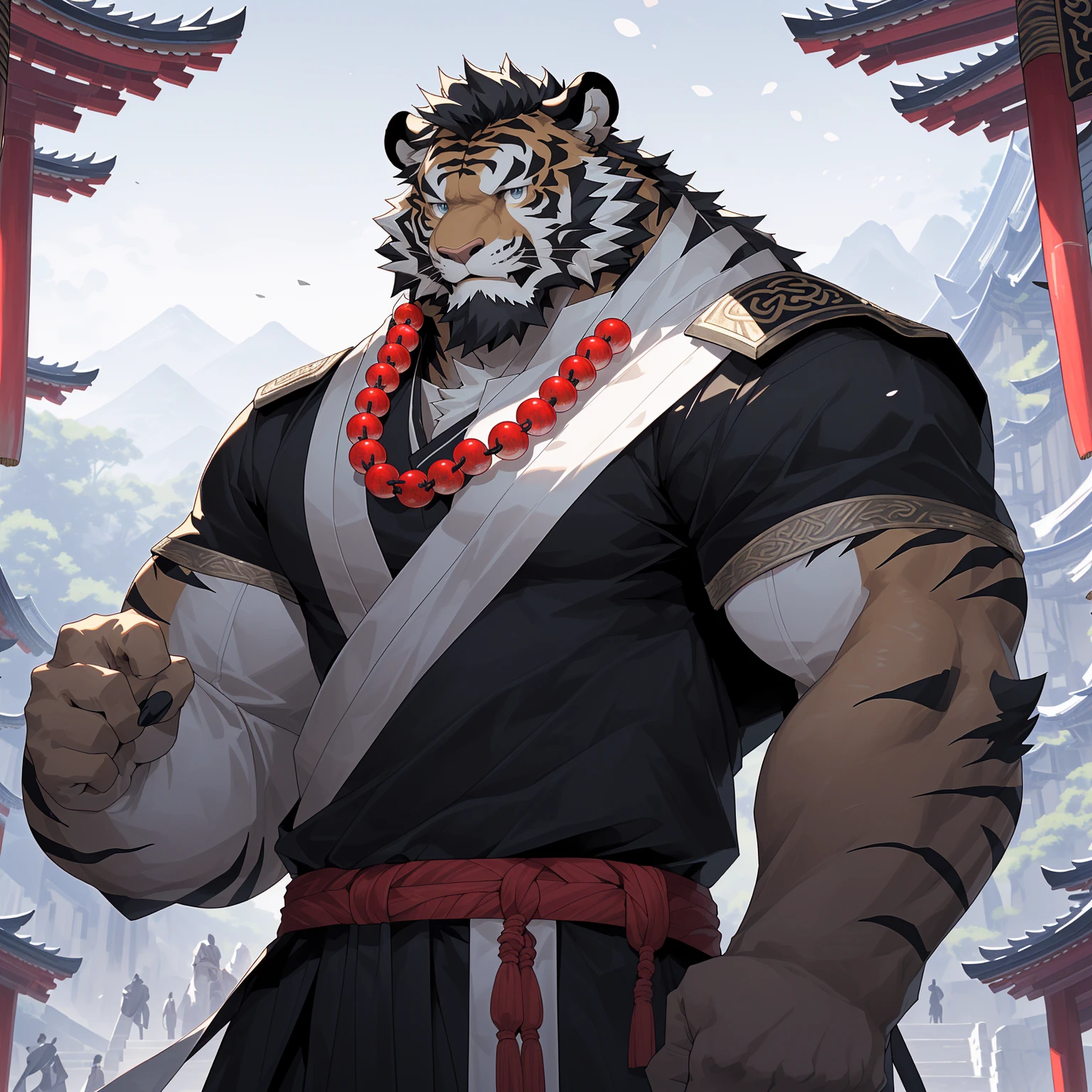 (黑色tiger),(黑色 Generally 战袍), Wearing heavy black beads on the chest, Strong Gesture ,Standing confidently and proudly ,(森林temple为背景:1.2.Great Wall),abdominal muscles,Hero Gesture 飒爽,完美的masterpiece, various facial details ,Long-term perspective,Specific description,masterpiece,CG,( light blue eyes ), Light Black Pattern ,Black Tails , Generally ,Hero Gesture ,tiger, black fur, specific facial details ,Half Body,(黑炭 Generally 战履),(Chang Ling),((middle aged)),(Face focus ),(16K), HD, Red and White Belly ,temple,beard,(Face line),Different students,(black shirt),( light black hair ),Strong,muscle,( high resolution:1.3), Chinese military general holding a long sword ， gazing into the distance ，temple和尚，Wearing black beads 