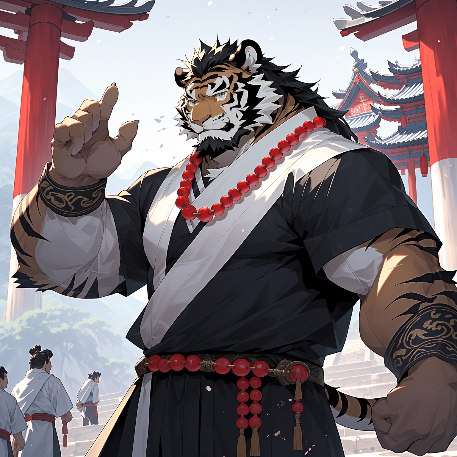 (黑色tiger),(黑色 Generally 战袍), Wearing heavy black beads on the chest, Strong Gesture ,Standing confidently and proudly ,(森林temple为背景:1.2.Great Wall),abdominal muscles,Hero Gesture 飒爽,完美的masterpiece, various facial details ,Long-term perspective,Specific description,masterpiece,CG,( light blue eyes ), Light Black Pattern ,Black Tails , Generally ,Hero Gesture ,tiger, black fur, specific facial details ,Half Body,(黑炭 Generally 战履),(Chang Ling),((middle aged)),(Face focus ),(16K), HD, Red and White Belly ,temple,beard,(Face line),Different students,(black shirt),( light black hair ),Strong,muscle,( high resolution:1.3), Chinese military general holding a long sword ， gazing into the distance ，temple和尚，Wearing black beads 