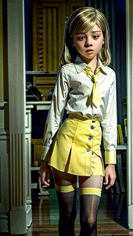 Full body photo of a college girl, 18 years, long blond hair, short yellow uniform jacket, white formal shirt tucked in, tie, Cowboys, Photographic focus, opening, Incredibly detailed and intricate, character, elegant, beautiful, developer, attractive, attractive, Hyper realistic, super detailed, standing in front of the entrance to a university, crowded campus, smiling, seductive