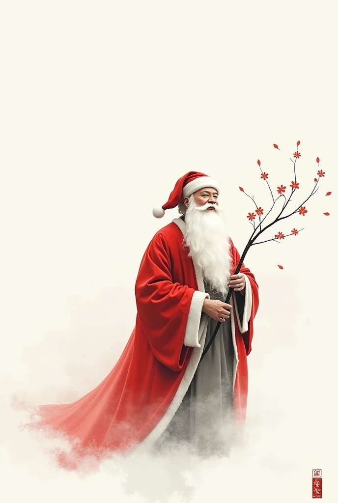 (Santa Claus,traditional Chinese ink painting,minimalist,Chinese ink wash painting style,simple lines,depth of field,pale tones,ink gradients,plenty of negative space,clean white rice paper background),(best quality,4k,8k,highres,masterpiece:1.2),ultra-detailed,realistic,photorealistic,sharp focus,extreme detail description,professional,vivid colors,bokeh,black and white,monochrome,traditional art,oriental aesthetics,harmonious composition,soft lighting,calm atmosphere,detailed brushwork,delicate shading,smooth transitions,subtle textures,serene expression,gentle gaze,peaceful scene,ethereal feel,graceful posture,flowing lines,watercolor effect,ink diffusion,artistic interpretation,visual poetry,cultural fusion,east meets west,contemporary twist,unique perspective,creative vision,imaginative concept