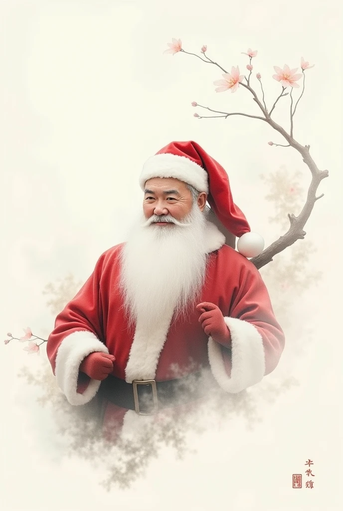 (Santa Claus,traditional Chinese ink painting,minimalist,Chinese ink wash painting style,simple lines,depth of field,pale tones,ink gradients,plenty of negative space,clean white rice paper background),(best quality,4k,8k,highres,masterpiece:1.2),ultra-detailed,realistic,photorealistic,sharp focus,extreme detail description,professional,vivid colors,bokeh,black and white,monochrome,traditional art,oriental aesthetics,harmonious composition,soft lighting,calm atmosphere,detailed brushwork,delicate shading,smooth transitions,subtle textures,serene expression,gentle gaze,peaceful scene,ethereal feel,graceful posture,flowing lines,watercolor effect,ink diffusion,artistic interpretation,visual poetry,cultural fusion,east meets west,contemporary twist,unique perspective,creative vision,imaginative concept