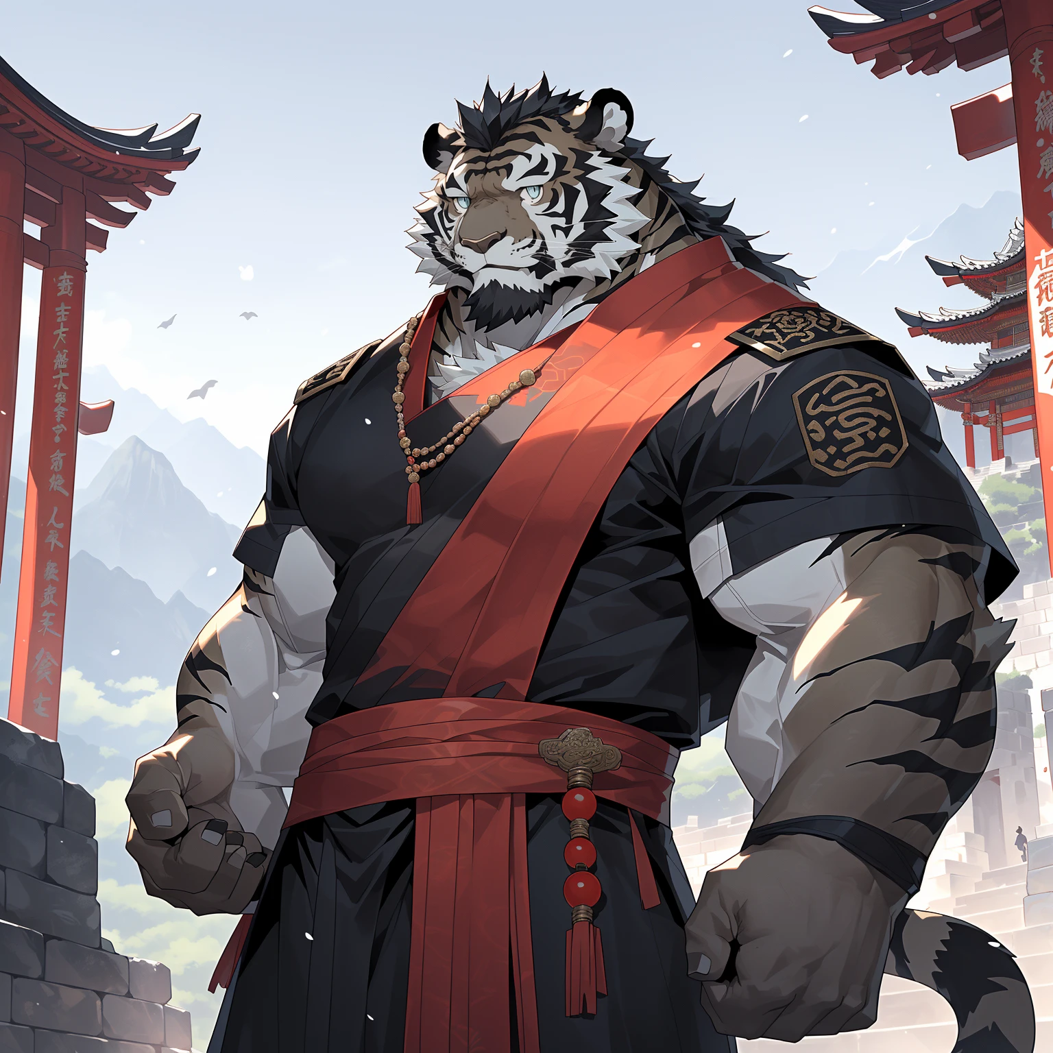 (黑色tiger),(黑色 Generally 战袍), Wearing heavy black beads on the chest, Strong Gesture ,Standing confidently and proudly ,(森林temple为背景:1.2.Great Wall),abdominal muscles,Hero Gesture 飒爽,完美的masterpiece, various facial details ,Long-term perspective,Specific description,masterpiece,CG,( light blue eyes ), Light Black Pattern ,Black Tails , Generally ,Hero Gesture ,tiger, black fur, specific facial details ,Half Body,(黑炭 Generally 战履),(Chang Ling),((middle aged)),(Face focus ),(16K), HD, Red and White Belly ,temple,beard,(Face line),Different students,(black shirt),( light black hair ),Strong,muscle,( high resolution:1.3), Chinese military general holding a long sword ， gazing into the distance ，temple和尚，Wearing black beads 