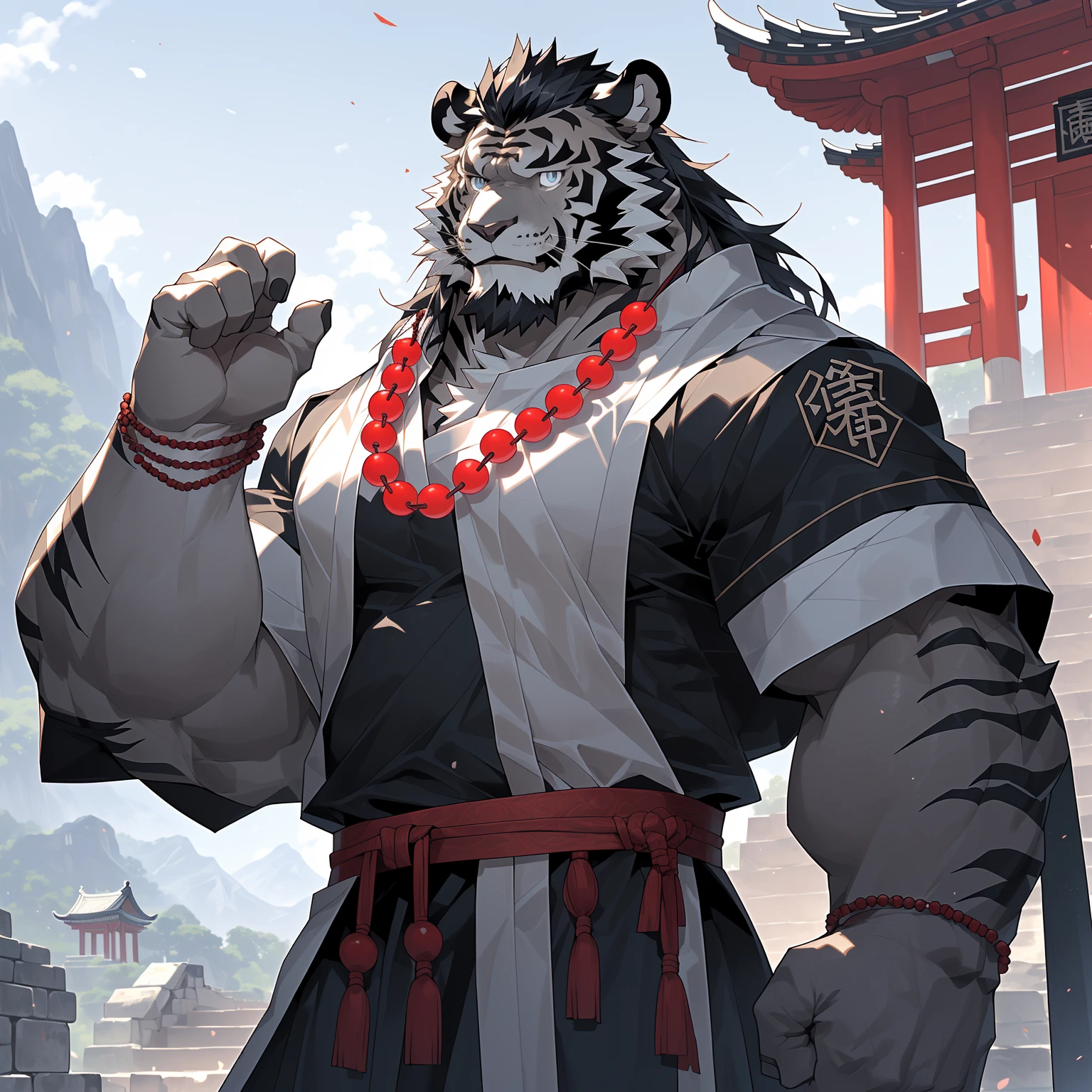 (黑色tiger),(黑色 Generally 战袍), Wearing heavy black beads on the chest, Strong Gesture ,Standing confidently and proudly ,(森林temple为背景:1.2.Great Wall),abdominal muscles,Hero Gesture 飒爽,完美的masterpiece, various facial details ,Long-term perspective,Specific description,masterpiece,CG,( light blue eyes ), Light Black Pattern ,Black Tails , Generally ,Hero Gesture ,tiger, black fur, specific facial details ,Half Body,(黑炭 Generally 战履),(Chang Ling),((middle aged)),(Face focus ),(16K), HD, Red and White Belly ,temple,beard,(Face line),Different students,(black shirt),( light black hair ),Strong,muscle,( high resolution:1.3), Chinese military general holding a long sword ， gazing into the distance ，temple和尚，Wearing black beads 