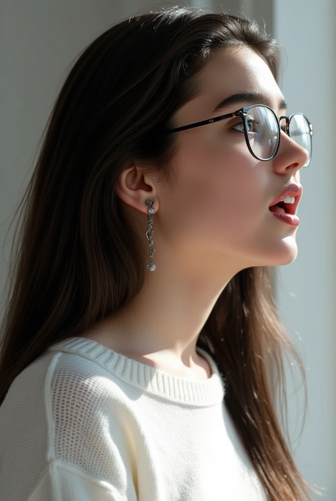 side view, a very lovely girl with long black hair, at age 15, she wears glasses., she wears a white knit.,  no make up, the whiteness of her skin is accentuated., She in a bright room., she is singing a song., bright natural light is illuminating on her face., high definition ,  Ultra Fine,  Textured Skin , masterpiece, 