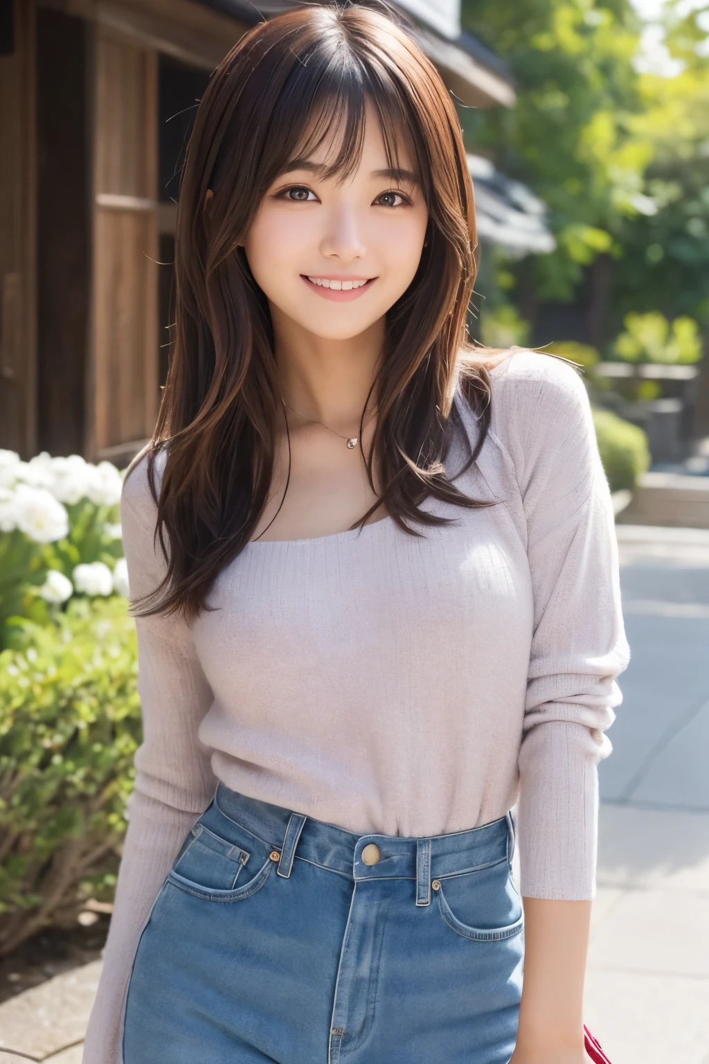 ((Thin long-sleeved knit,、Detailed panties、thighs thighs thighs thighs:1.2))、Moe Sleeve、(realisitic、Photorealsitic、ultra-detailliert、Highest Details Skins、top-quality、masterpiece、超A high resolution)、Cute Japan Woman、28 year old、younggirl、I have bangs、二重まぶた、drooing eyes、Large black eyes、Japanese style face、Cute smile、Charming、purity、Straight face、double tooth、View here、Realistic skin type
