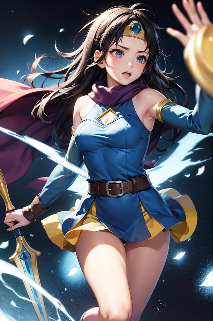 (((SFW、sound、Highest quality、first-class、masterpiece、Normal body、8K、Detailed face、Ultra-precision、Normal hand、Normal finger、5Finger、Highest)))、beautiful girl、Black Hair、Small breasts、Shortcuts、Light blue super high leg leotard、Super risqué leotard、Ultra-thin leotard、Super sheer leotard、Super sheer、Super tight、Super tight、Super bite、No sleeve、Waist belt、Red cloak、Circlet、Legendary Sword、DRAGON QUEST、Female Hero、In combat、Combat Ready、Lightning Slash、incantation、Gigadein、Thunder Magic、Spread your legs wide、Super desire to lose、Immoral、Ultra-masochist、blush、Super Trance、Super nipple erection