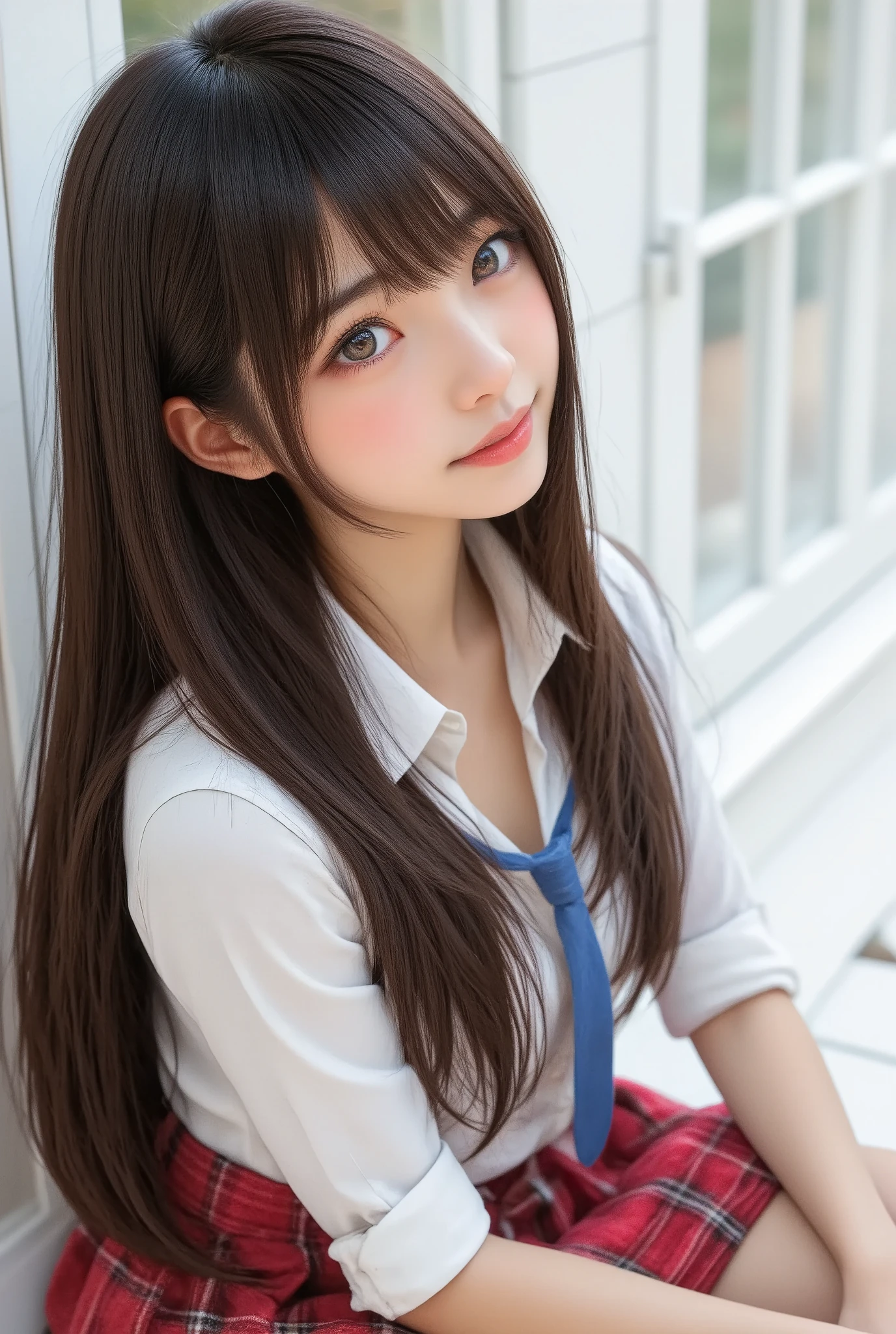 anime-style illustration, photo realism,1girl, long straight long hair,smoky blue color hair, Sitting with Knees Up pose, winking and expressionless, hand making a V-sign near her eye, wearing a white shirt with rolled-up sleeves, red plaid skirt with white check design, loosened blue necktie, earrings, soft blush on cheeks, bright and cheerful expression, green Chromakey background, vibrant and youthful atmosphere, close-up composition focusing full body,sharp focus, physically-based rendering, extreme detail description, professional,
