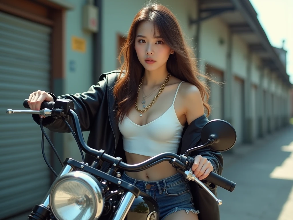 photorealistic、realistic skin texture、Tokyo in the near future、A woman riding a rusty and worn-out motorcycle、ripped jeans、Tank top、Decadent atmosphere、after the rain、wet hair、wet clothes、blurred background、overlooking