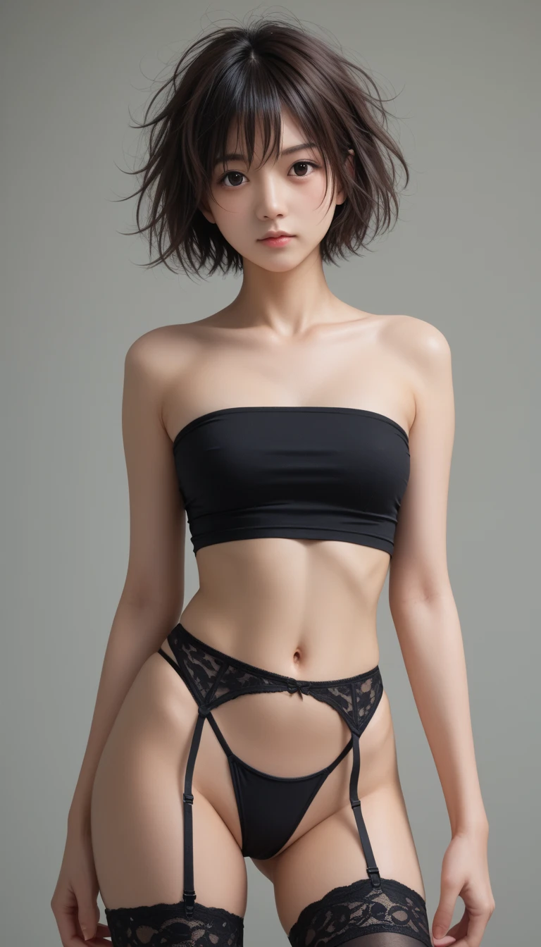 a beautiful detailed portrait of a -yeld Jaese girl, short bob haircut, medium breasts, messy hair, healthy looking, sexy expression, tight fitting clothes, daring pose, detailed embroidery, midriff exposed, tube top, garter belt, high quality, 8k, photorealistic, highly detailed, dramatic lighting, vivid colors,壁にもたれかかる, (best quality), (ultra-detailed), (best illustration), (best shadow), (absurdres),  ((High leg thong)),