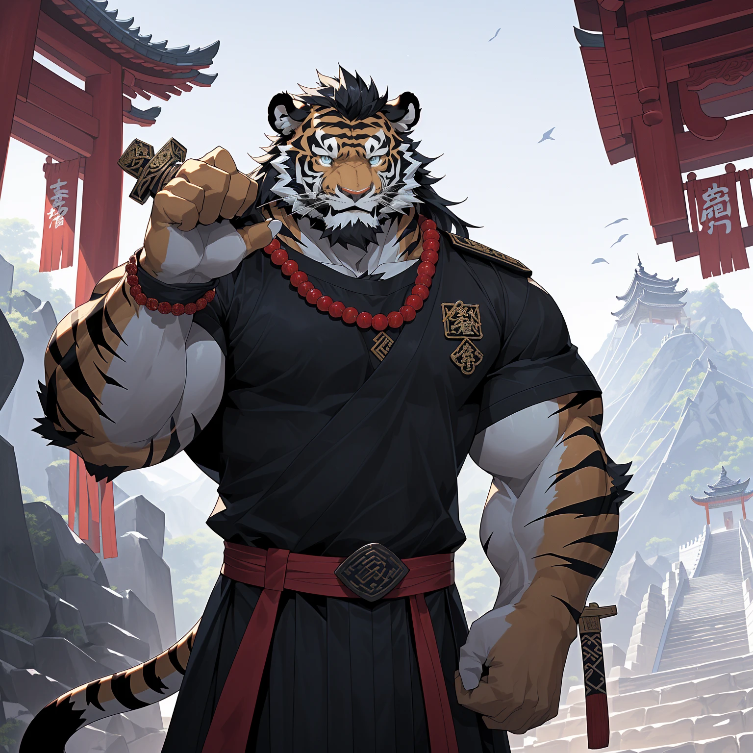 (黑色tiger),(黑色 Generally 战袍), Wearing heavy black beads on the chest, Strong Gesture ,Standing confidently and proudly ,(森林temple为背景:1.2.Great Wall),abdominal muscles,Hero Gesture 飒爽,完美的masterpiece, various facial details ,Long-term perspective,Specific description,masterpiece,CG,( light blue eyes ), Light Black Pattern ,Black Tails , Generally ,Hero Gesture ,tiger, black fur, specific facial details ,Half Body,(黑炭 Generally 战履),(Chang Ling),((middle aged)),(Face focus ),(16K), HD, Red and White Belly ,temple,beard,(Face line),Different students,(black shirt),( light black hair ),Strong,muscle,( high resolution:1.3), Chinese military general holding a long sword ， gazing into the distance ，temple和尚，Wearing black beads 