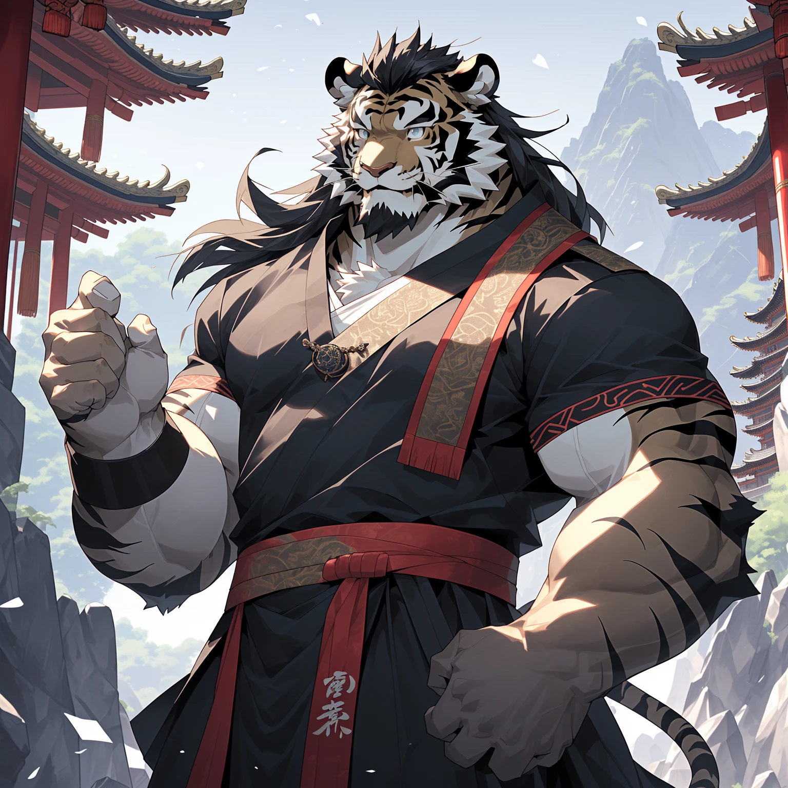 (黑色tiger),(黑色 Generally 战袍), Wearing heavy black beads on the chest, Strong Gesture ,Standing confidently and proudly ,(森林temple为背景:1.2.Great Wall),abdominal muscles,Hero Gesture 飒爽,完美的masterpiece, various facial details ,Long-term perspective,Specific description,masterpiece,CG,( light blue eyes ), Light Black Pattern ,Black Tails , Generally ,Hero Gesture ,tiger, black fur, specific facial details ,Half Body,(黑炭 Generally 战履),(Chang Ling),((middle aged)),(Face focus ),(16K), HD, Red and White Belly ,temple,beard,(Face line),Different students,(black shirt),( light black hair ),Strong,muscle,( high resolution:1.3), Chinese military general holding a long sword ， gazing into the distance ，temple和尚，Wearing black beads 