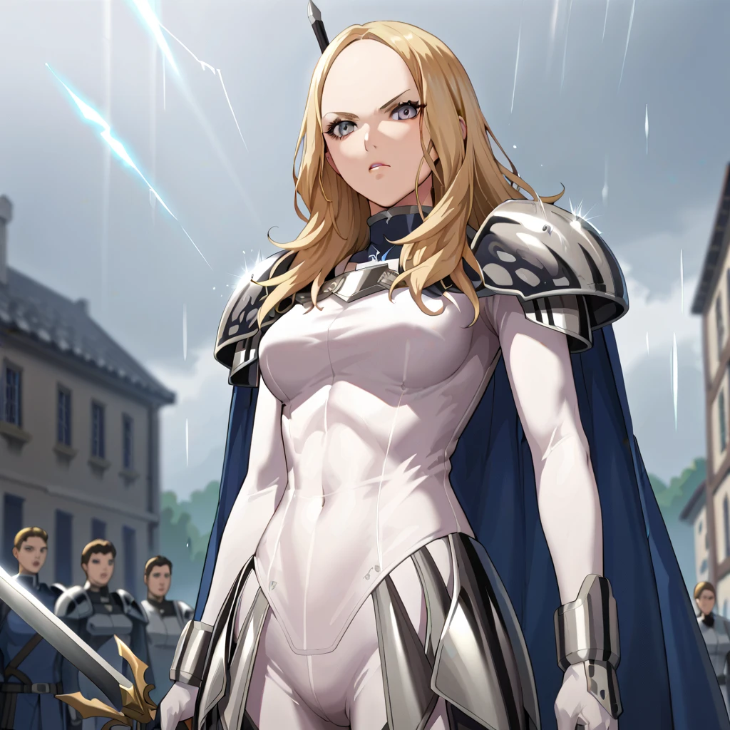 She has shoulder-length blonde hair and a stern, determined expression. She wears sleek, form-fitting silver armor with golden accents, including shoulder plates and a cape that billows slightly in the wind. In her hand, she holds a large, uniquely shaped broadsword with glowing golden edges, symbolizing her strength and precision. She stands confidently in a rain-soaked battlefield, with water pooling around her feet and raindrops falling dramatically. The background is dark and stormy, with jagged cliffs and faint flashes of lightning illuminating her figure. Her aura radiates with faint phantom-like afterimages, evoking her incredible speed and tactical prowess. The mood is intense and commanding, reflecting her role as a leader and skilled warrior, Miriam, long hair, grey eyes, bodysuit, pauldrons, cape,Afterimage, 