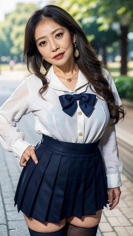 full body shot, from below,  Japanese woman with a viewing angle of, Wife, (78 years old:1.6),  detailed face , Facial wrinkles, Wrinkles around the eyes, smile,  detailed skin texture,  white skin,  heavy makeup ,  long hair, (curvy body, saggy breasts), (earrings,  necklace, school uniform, sailor uniform, sailor collar, sailor collar ribbon,  navy blue pleated mini skirt:1.2), (black thighhighs,  wearing high heels:1.2), (Walking in the park,  photograph the whole body from toe to head:1.2), (surrealism, best quality, ultra detailed, absolutely resolution, 8k, anatomically correct), depth of field, looking at viewer, tachi-e, (gal.safetensors), (bimajo ), full body 