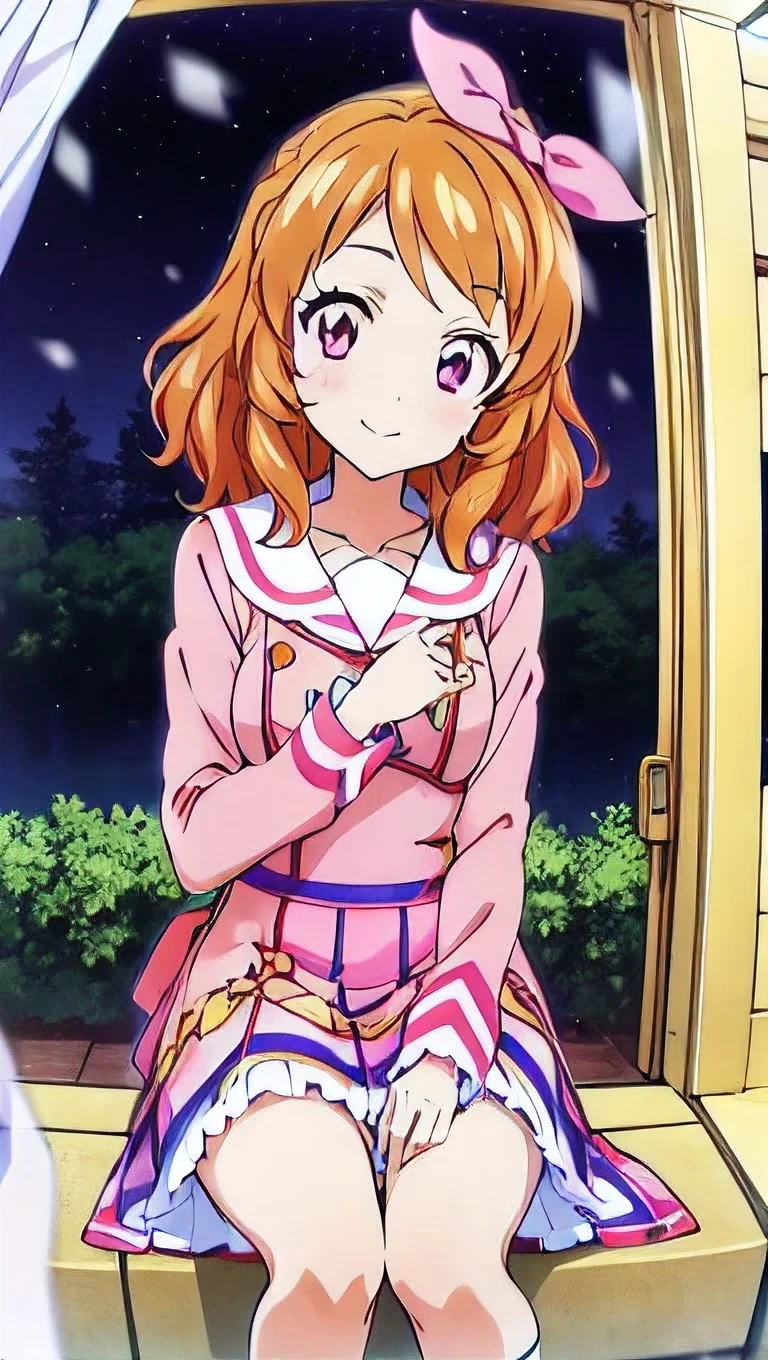  orange hair，One person， pink ribbon，Akari Ozora，((masutepiece)), ((Best Quality)), (Ultra-detailed), anime style ，Idol Academy ，consider，Aikatsu characters， Official Anime Item ， breast size is c cup，With a snowy night in the background，8k，4K，16k， high school idol ，Photo Collection，Face is front，Anime Coloring Book，She is 155 cm tall.， ichigo hoshimiya，Be aware of only the color scheme Giantess ， the best smile that only you can see，A scene from an anime，Natural skin color，Make the outline line natural，Clear Filters ，Clumsy  but hard work ，Workmanship not visible in the illustration，From head to toe ，Rewriting