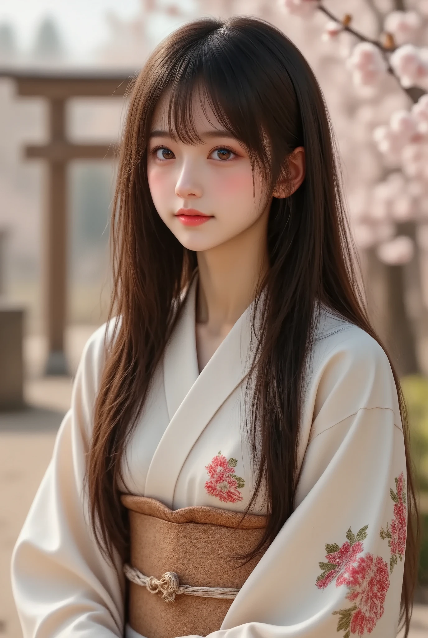 Impressionism style,Pointillism,soft dotted textures,muted pastel tones,1girl,ARW,dreamy shrine maiden,long flowing hair,twin tails with subtle highlights,traditional kimono with hand-painted floral designs,peaceful sitting pose,serene garden setting,delicate cherry blossoms gently falling,wooden torii gate,tranquil and timeless atmosphere