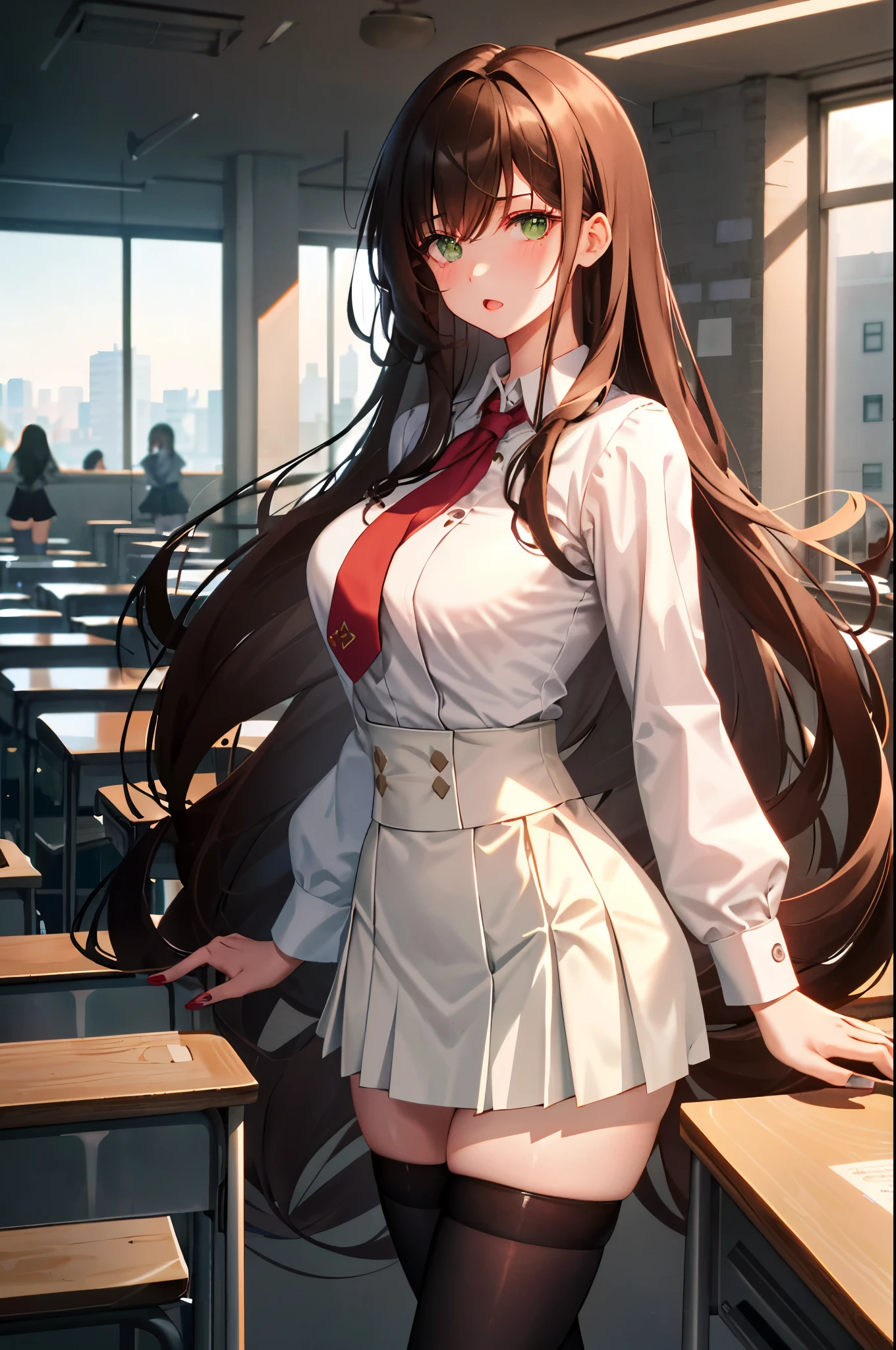 lisa,  impact genshin ,  a girl, alone, ((camisa blanca)), black thighhighs,  big breasts, neckline, uniform, office background, black flick, pleated skirt, office,  hair between your eyes ,  messy hair , large chest,  long hair,  looking at the spectator,  brown hair , short red nails,  green eyes, alone, thighhighs, thighs,  very long hair , (( Masterpiece)), classroom,  machine , chair, Meeting , class Meeting , teaching,blush, adult woman,  big sister ,  Open your mouth,  narrows your eyes , Emphasize the chest, Expose a &#39;s chest ,  proudly , Raise the arms,  Pose that shows your armpits, 