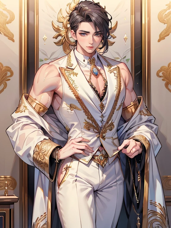 (masterpiece,best quality,ultra_detailed,highres,absurdres), (detailed shadow), (quality light),1 (supermodel idol:1.6) (mature male:2.3) (with bulge:1.2), (slanty_eyes), 30-ish, (muscleale focus, solo), short black Quiff hair with Soft Fringe (bangs part on side 3:7 ratio), blue eyes (detailed eyes), androgynous young beautiful pretty cute elegant (corporate_queen_CEO boy) in (jeweled embroidered laced ornamented elite luxury corporate_queen_CEO boy suit:2.2) is (standing inside luxury white_marble_office:1.5), (eyelashes), (thigh_gap), (feminine_girly_sexy_seductive_womanly_milf_femboy), (slim_slender_thin_svelte_lissom:1.5), (athletic:1.3) (muscular:1.3), (pectorals), (wide_chest, wide_shoulders:1.9), (narrow_waist:1.9), (thick_thighs:1.3), (wide_hips, wide_pelvis:1.9), (warm_smile:1.4), (arched_back), short hair, looking at viewer, parted lips, ((PERFECT_FACE)), ((finely_detailed_beautiful_eyes_and_detailed_face)), (best_illumination, best_shadow, an_extremely_delicate_and_beautiful)