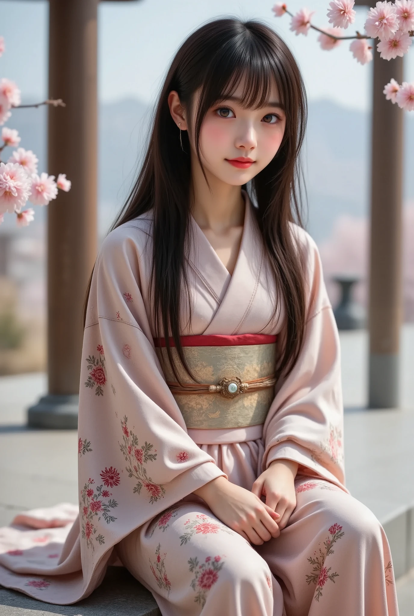 Impressionism style,Pointillism,soft dotted textures,muted pastel tones,1girl,ARW,dreamy shrine maiden,long flowing hair,twin tails with subtle highlights,traditional kimono with hand-painted floral designs,peaceful sitting pose,serene garden setting,delicate cherry blossoms gently falling,wooden torii gate,tranquil and timeless atmosphere